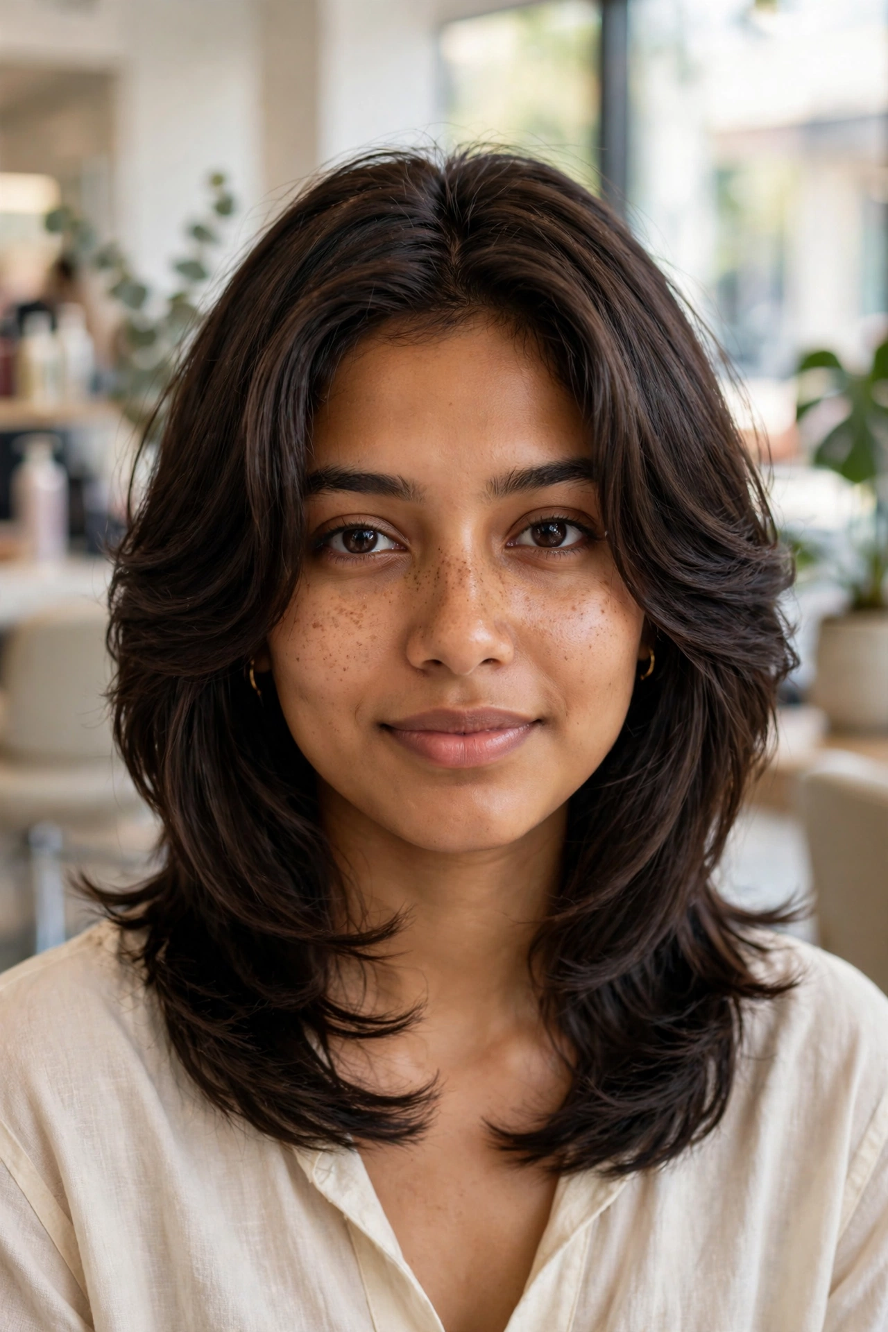 Long stacked bob for thin hair at collarbone length, front view