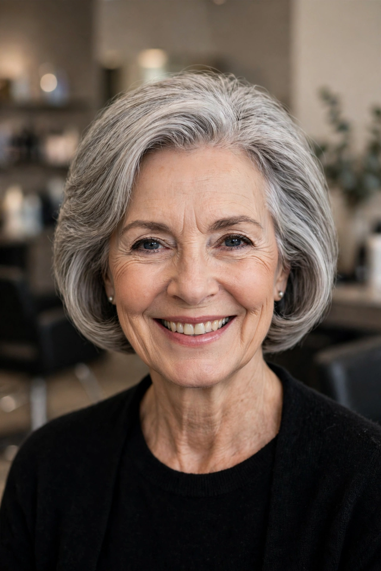 Elegant stacked bob for thin silver hair on a woman over 50