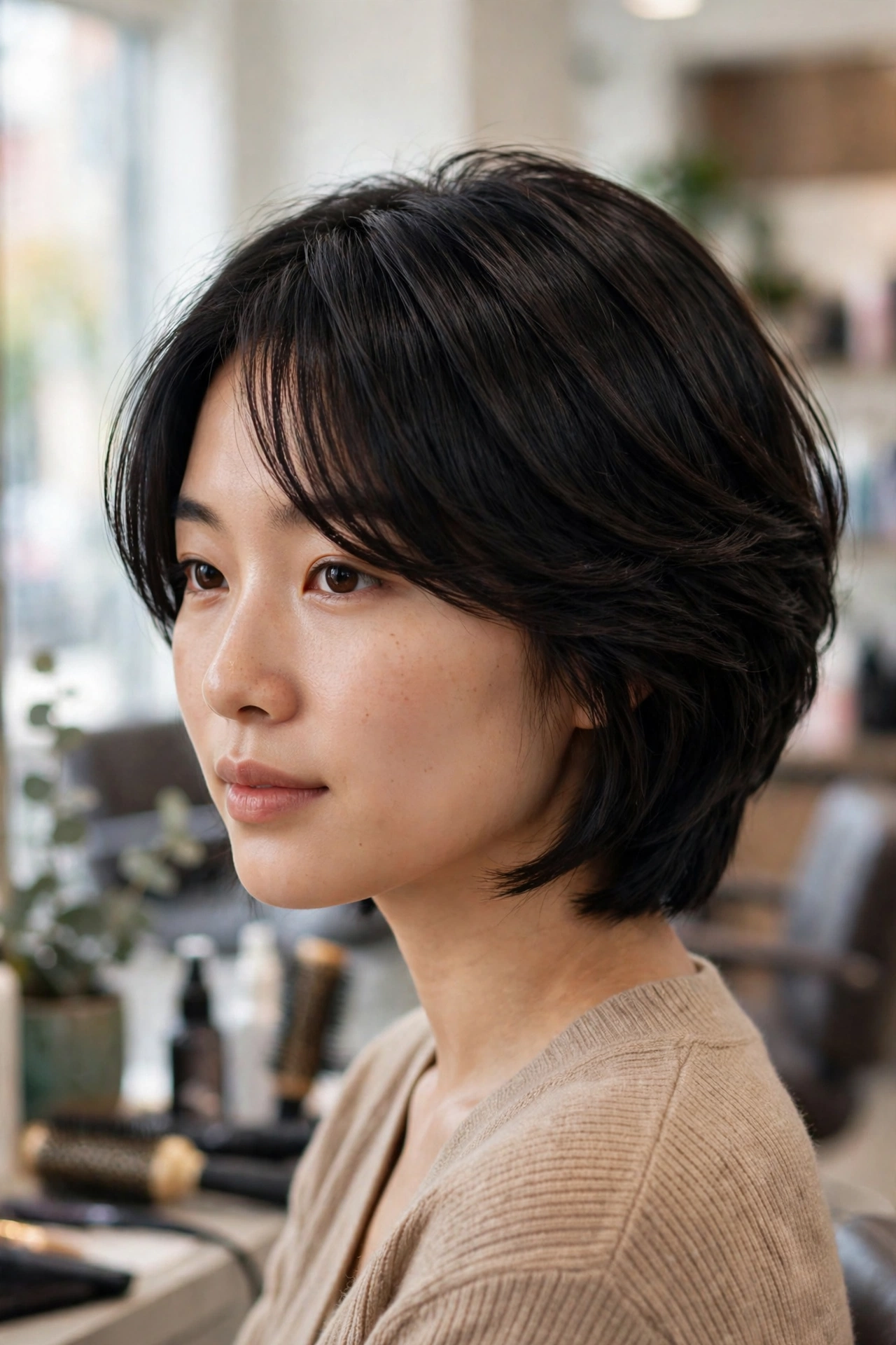 Stacked bob for thin hair with side-swept bangs on an East Asian woman