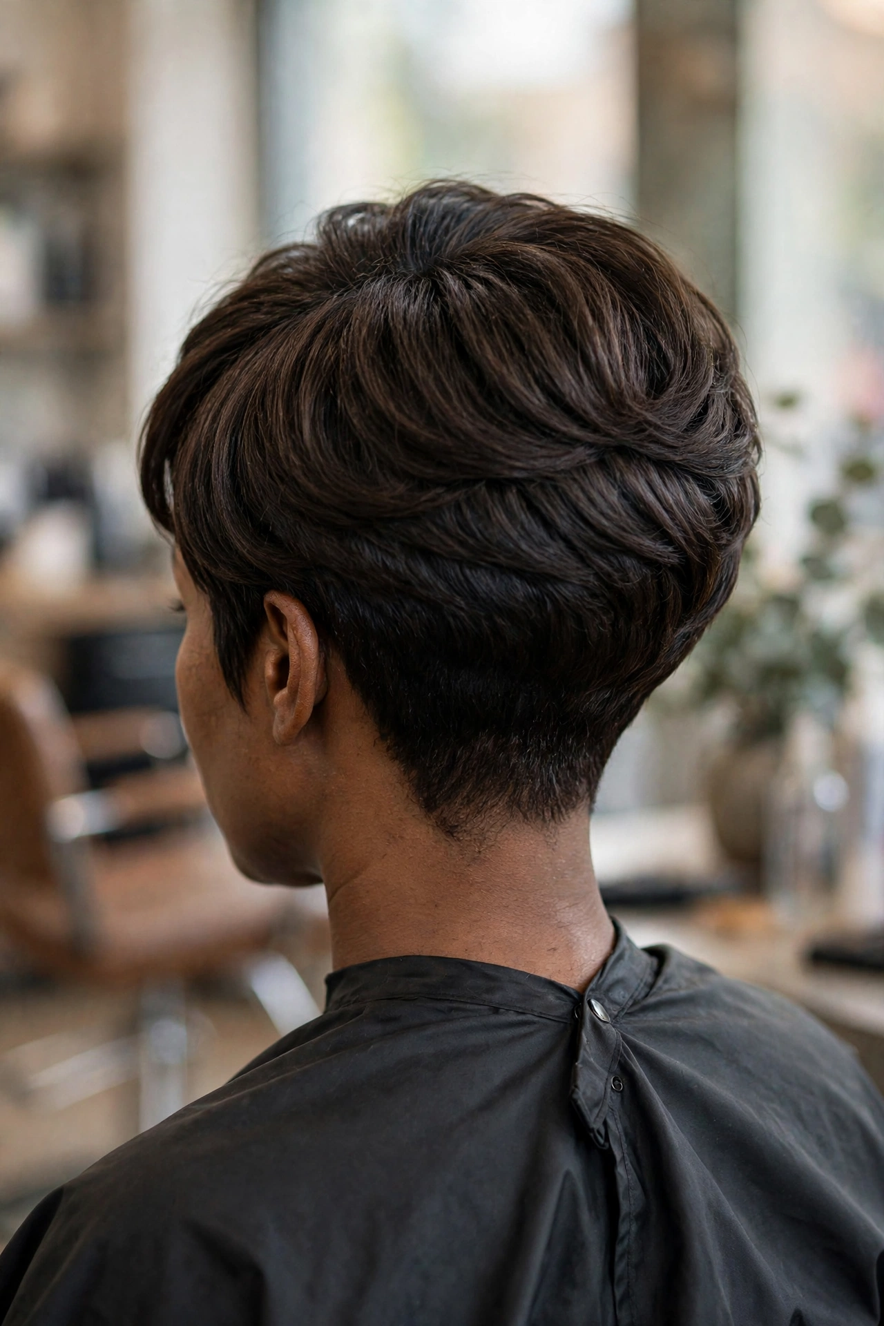 Stacked bob for thin hair with tapered nape, back view showing clean neckline
