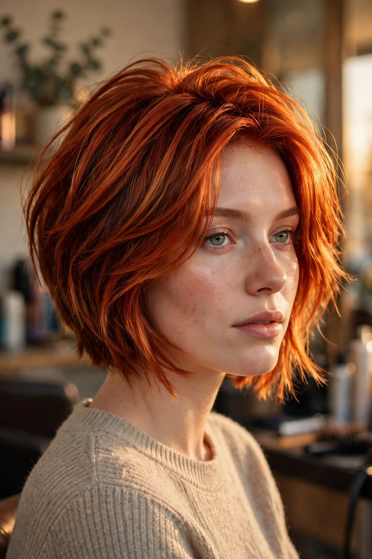 Vivid copper stacked bob for thin hair with dimensional color