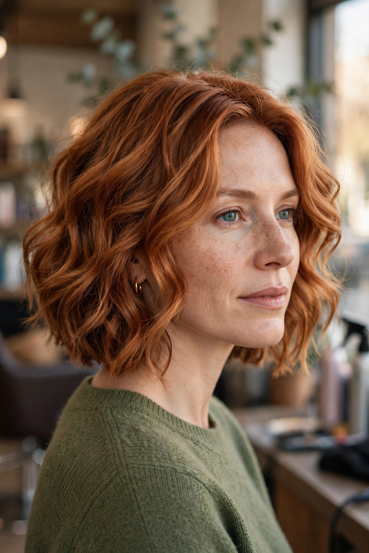 Wavy stacked bob for thin hair with copper-toned texture