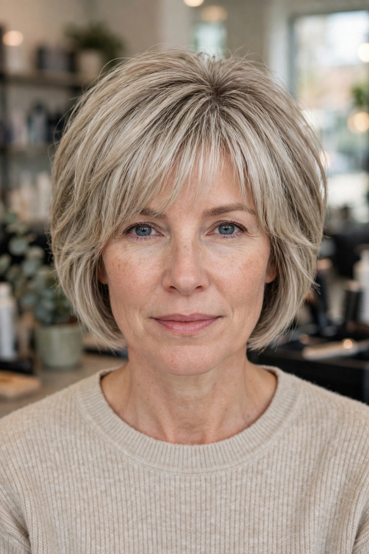 Stacked bob for thin hair with wispy fringe on ash blonde hair