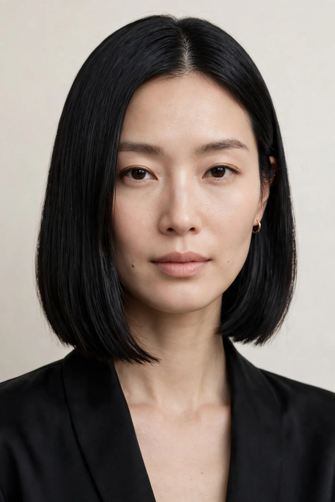 Straight glossy midi length bob with sleek polished finish