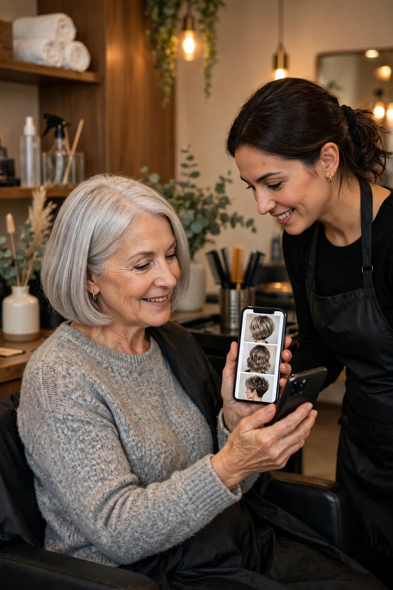 woman in her 60s consulting with her stylist about an italian bob