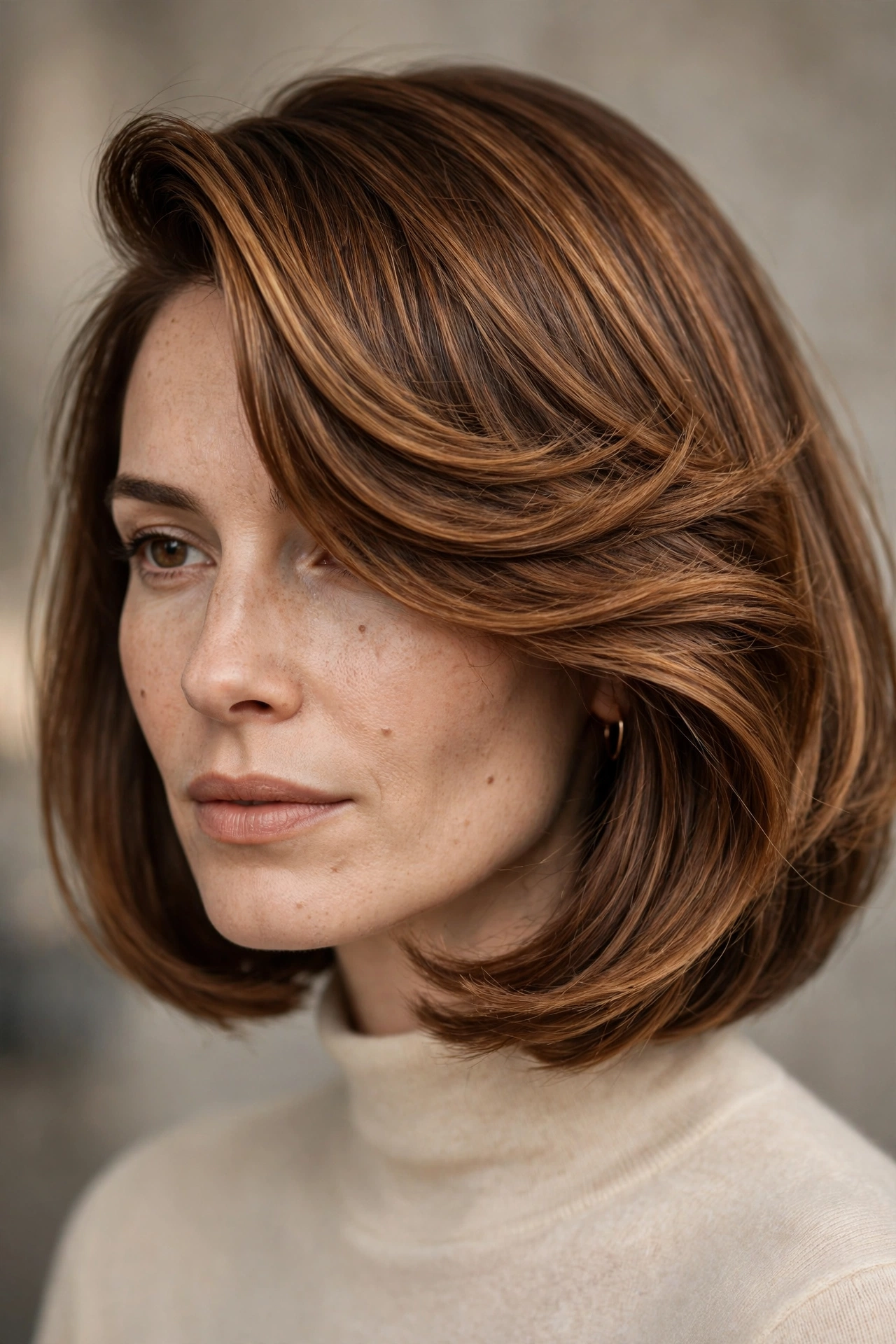 Swing bob with a dramatic side swept fringe