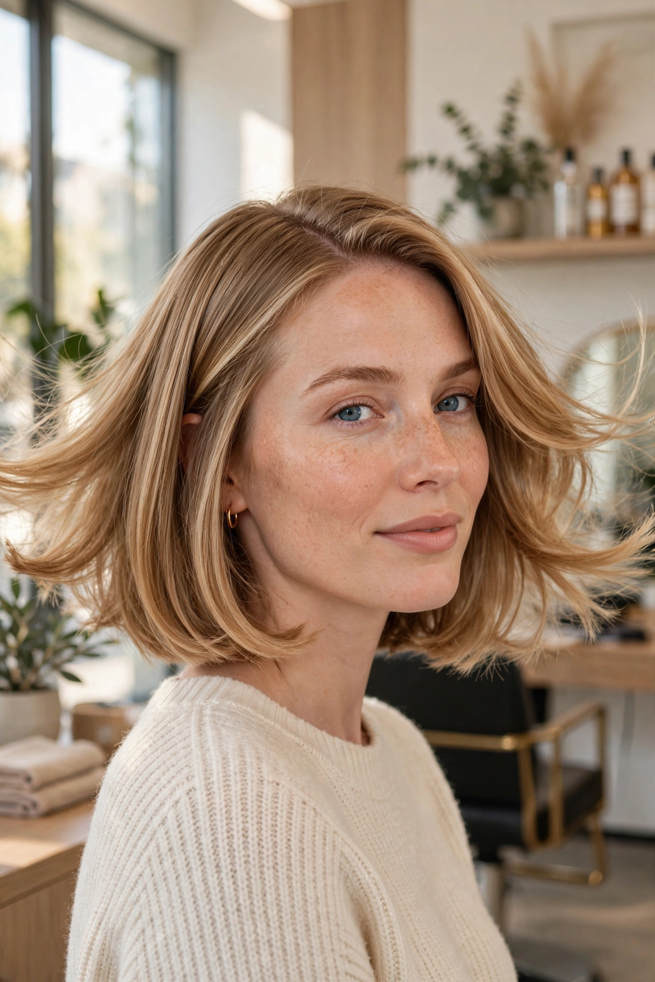 Chin-length swing bob on straight blonde hair with flipped-out ends