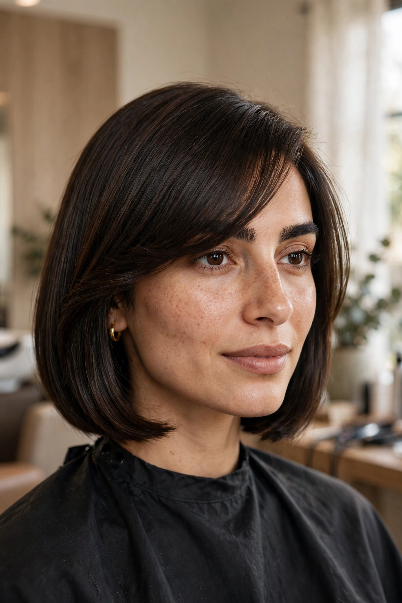 Jaw-length bob on straight dark-brown hair with side-swept swoop fringe