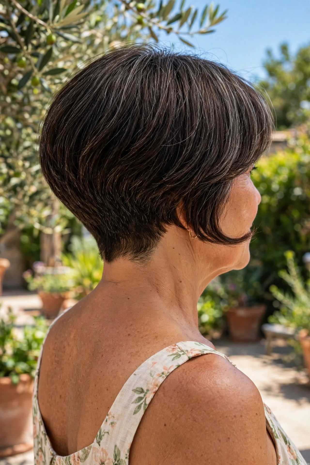 italian bob with tapered nape on a Latina woman in her 50s