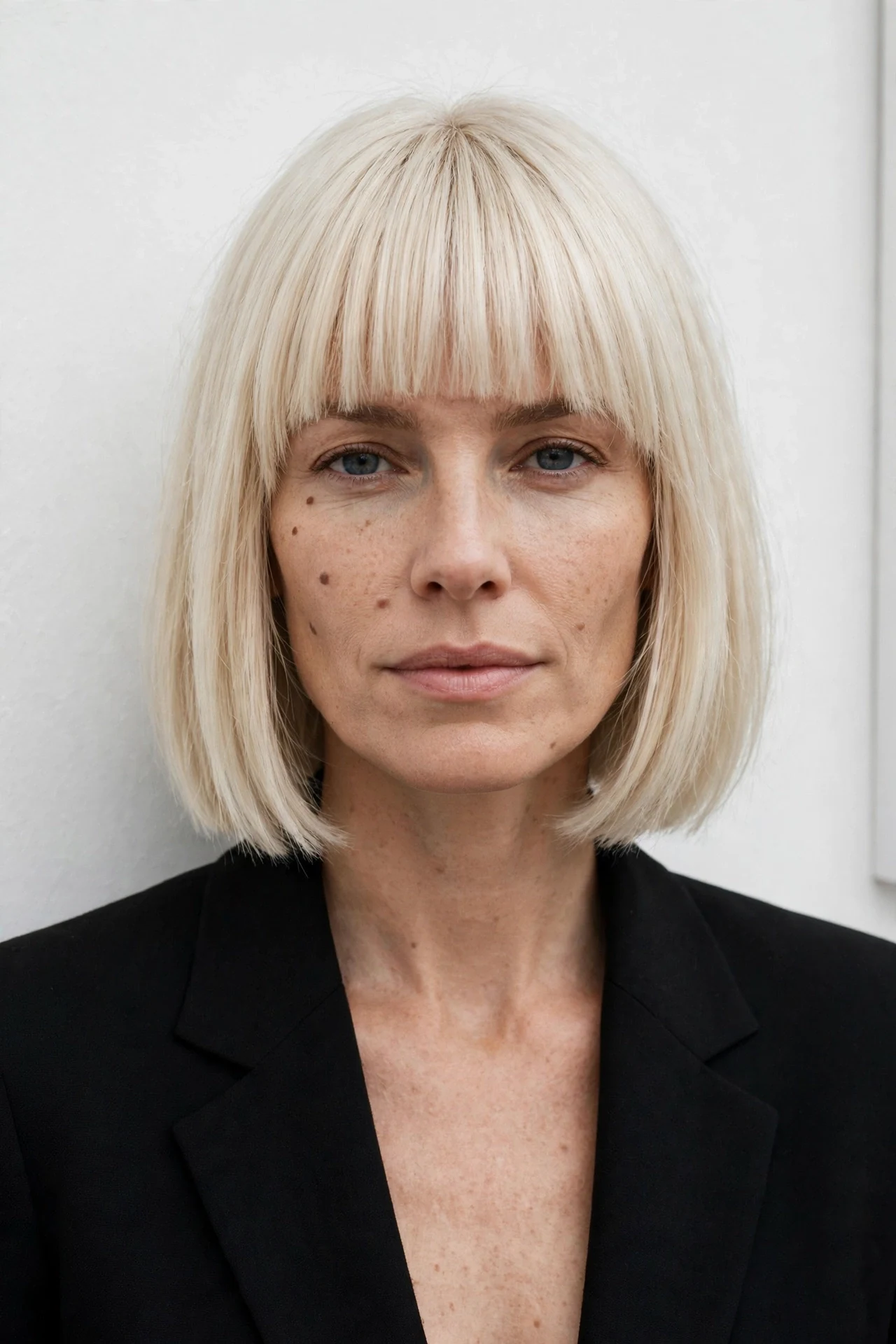 Straight chin-length bob with thick blunt full bangs on platinum blonde hair