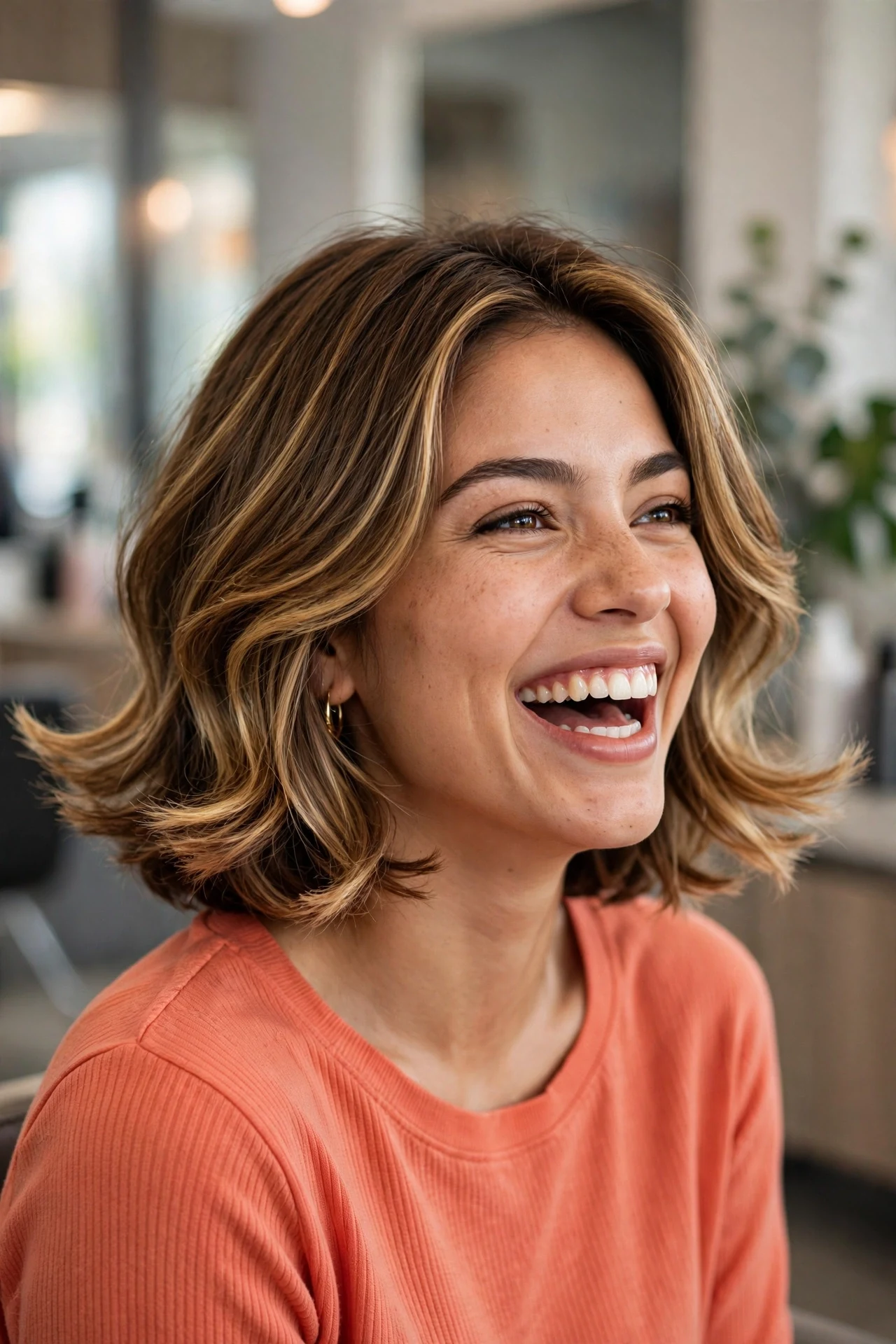 Bouncy layered swing bob with feathered flipped-out ends in a bright salon