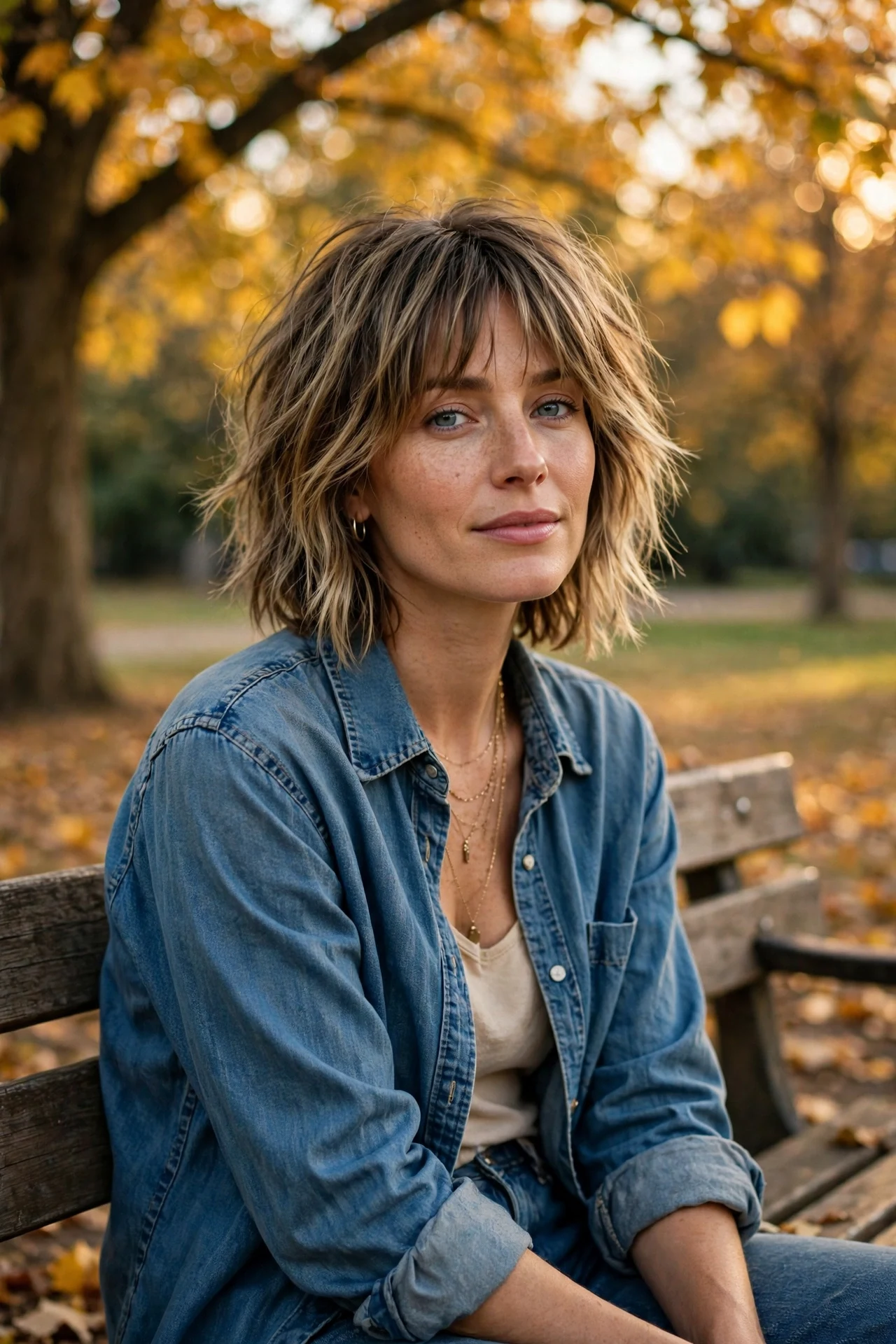Shaggy chin-length bob with parted curtain bangs and lived-in texture in autumn