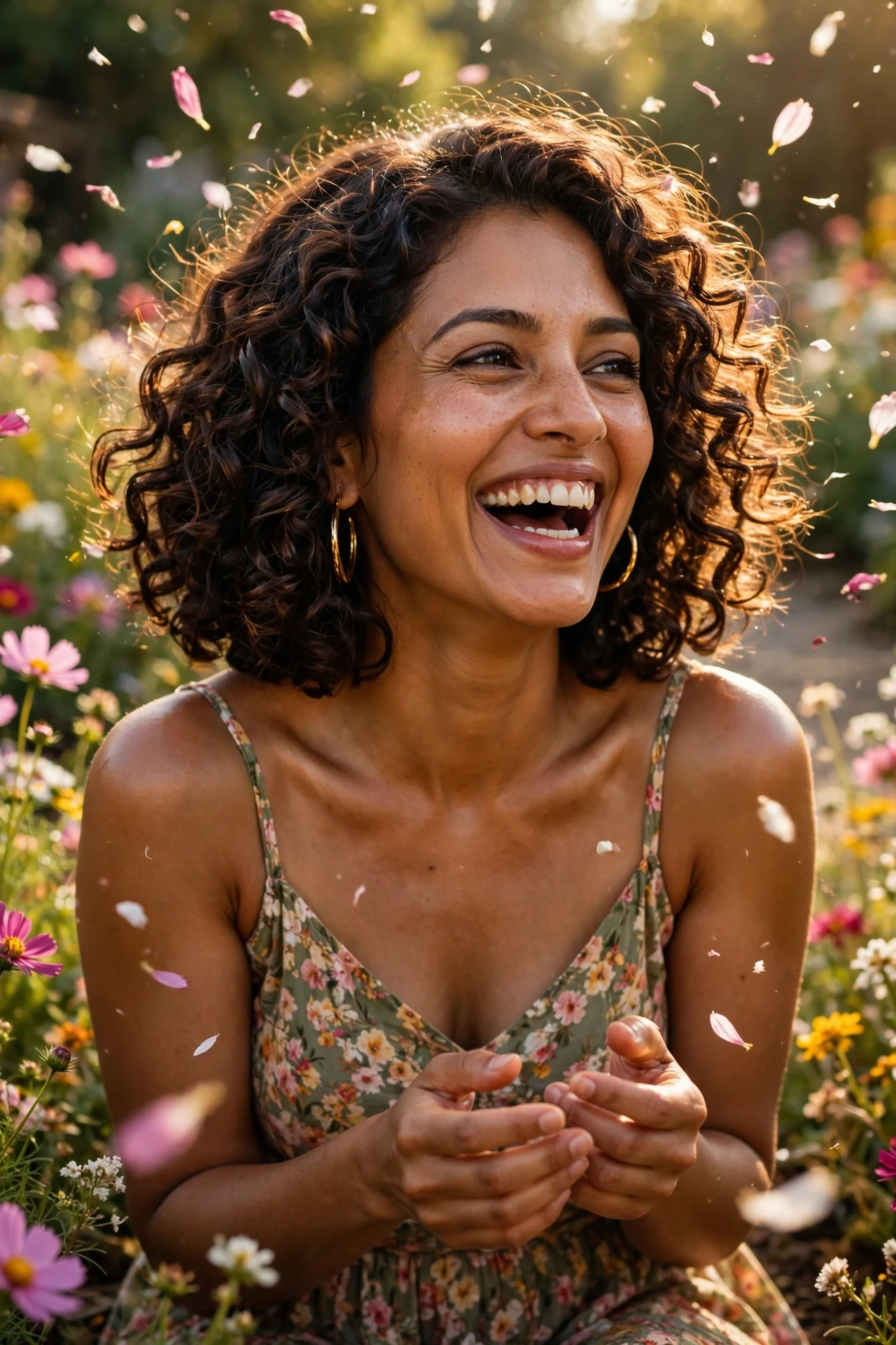 Chin-length bob of tight bouncy glossy curls on a laughing woman in a garden