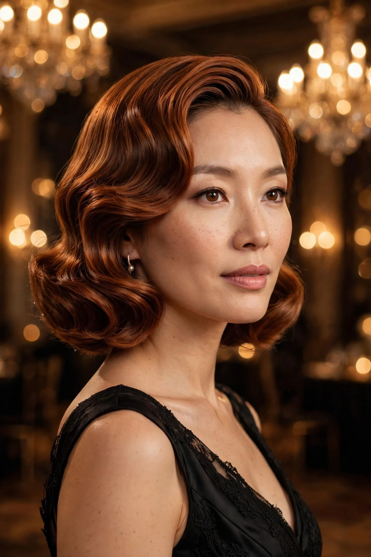 Glamorous deep side-parted bob with sculpted waves and copper-brown shine