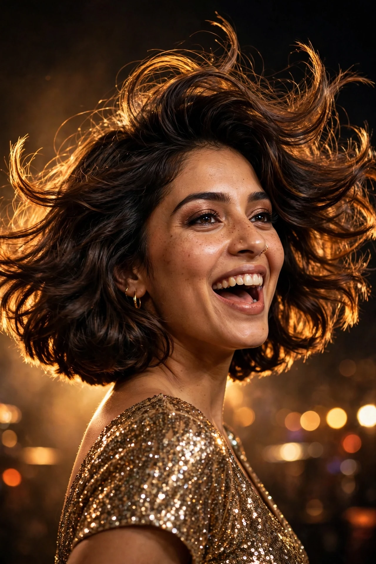 Voluminous bouncy blowout bob with flipped ends caught mid-movement in warm stage light
