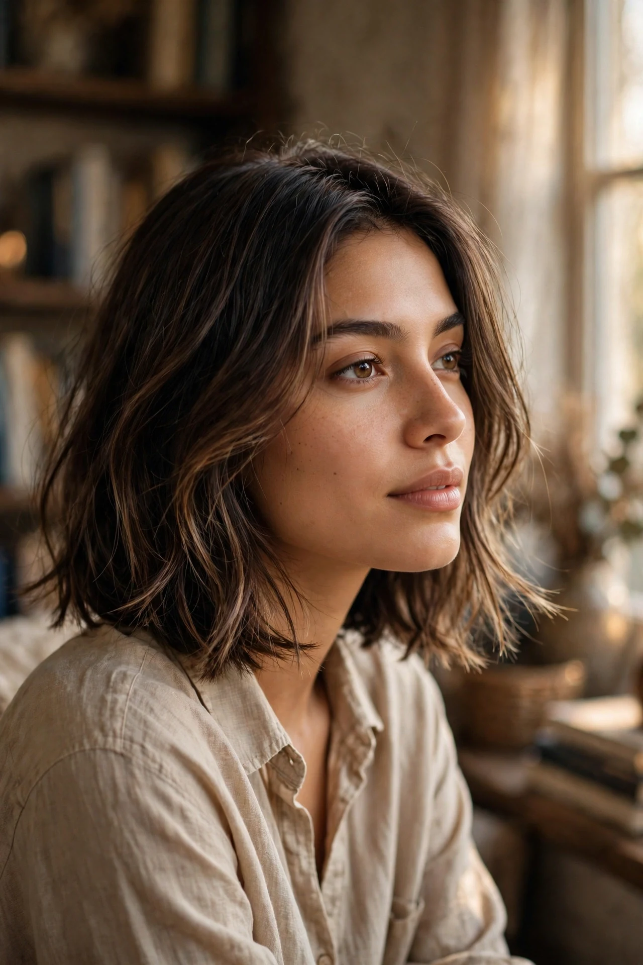 Chin-length bob with wispy face-framing layers and feathery ends by a window