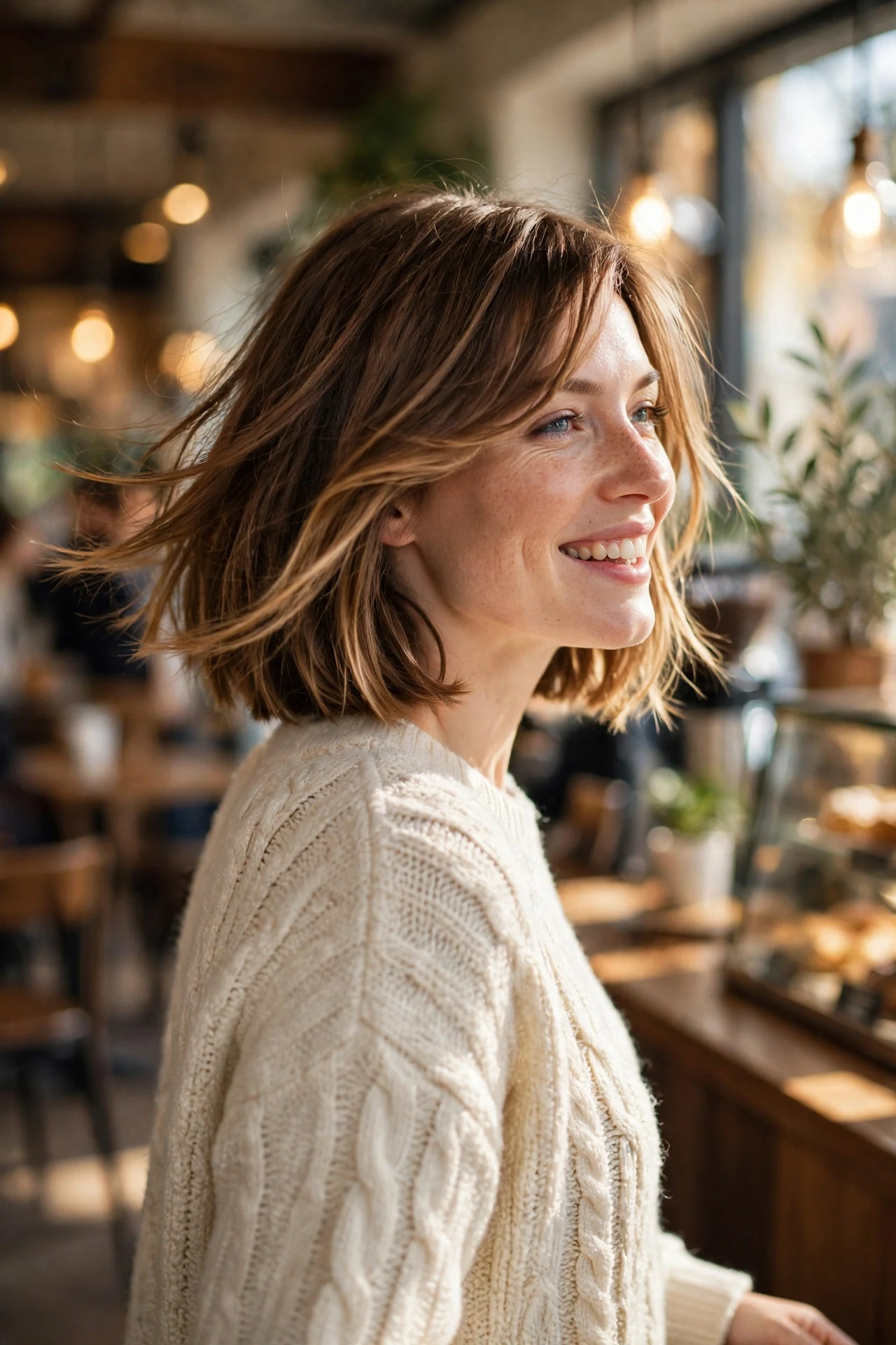 Chin-length bob with a long side-swept fringe and honey highlights, cafe portrait