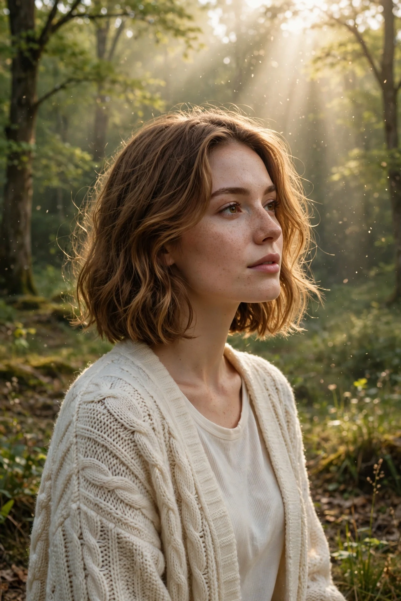 Chin-length bob of soft undone waves with a center part in a sun-dappled forest