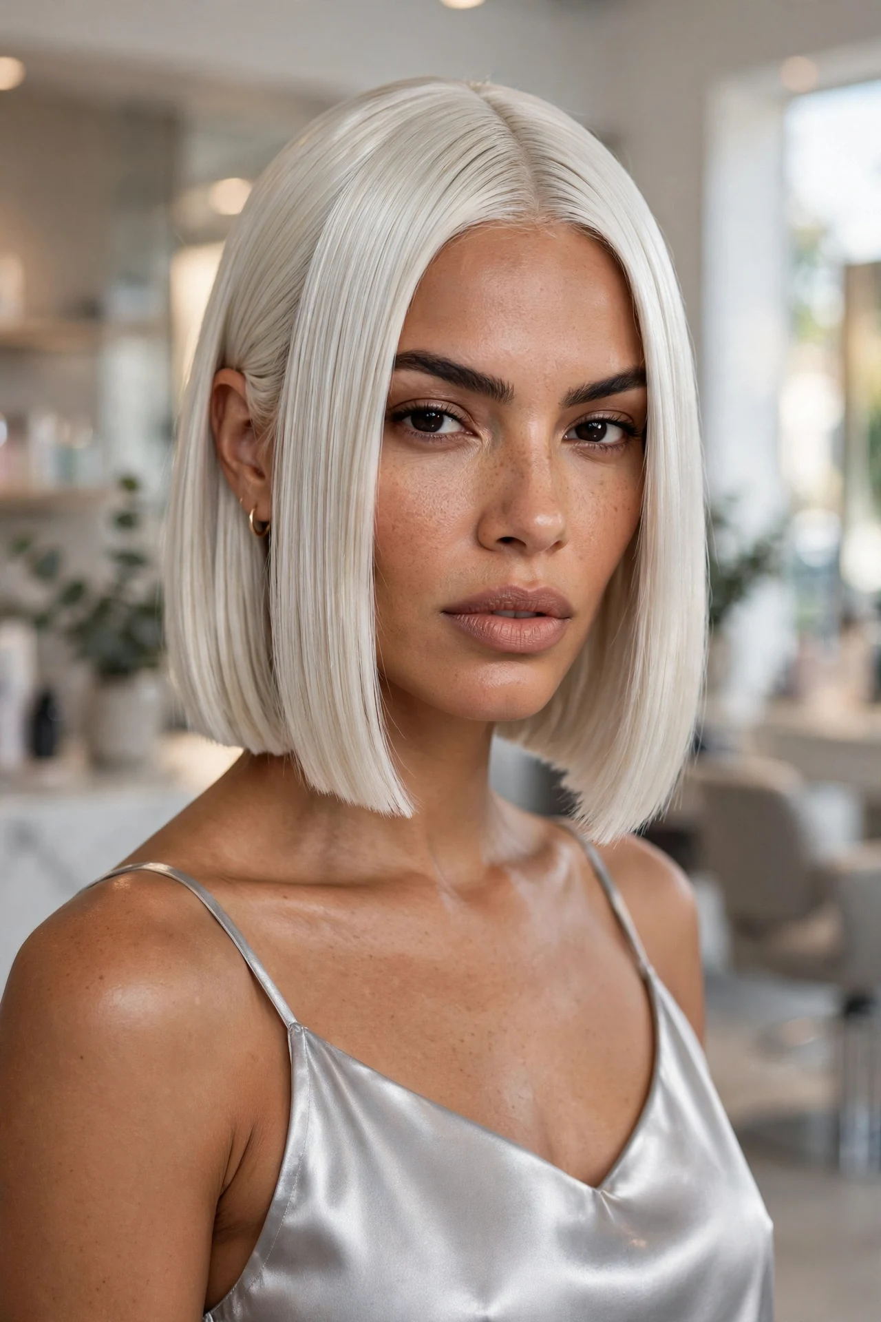 Razor-straight chin-length glass-hair bob with mirror shine in icy platinum