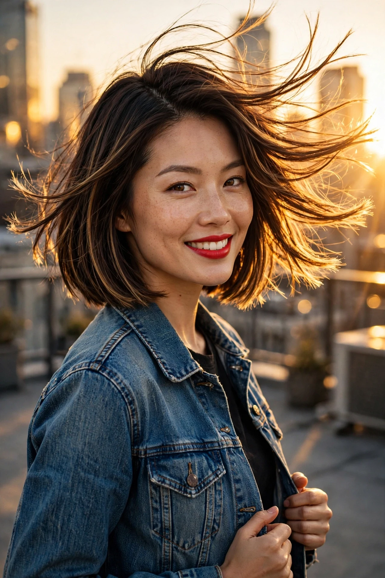 Windblown taylor swift hair bob on a chin-length swing cut with flippy ends, golden hour rooftop portrait