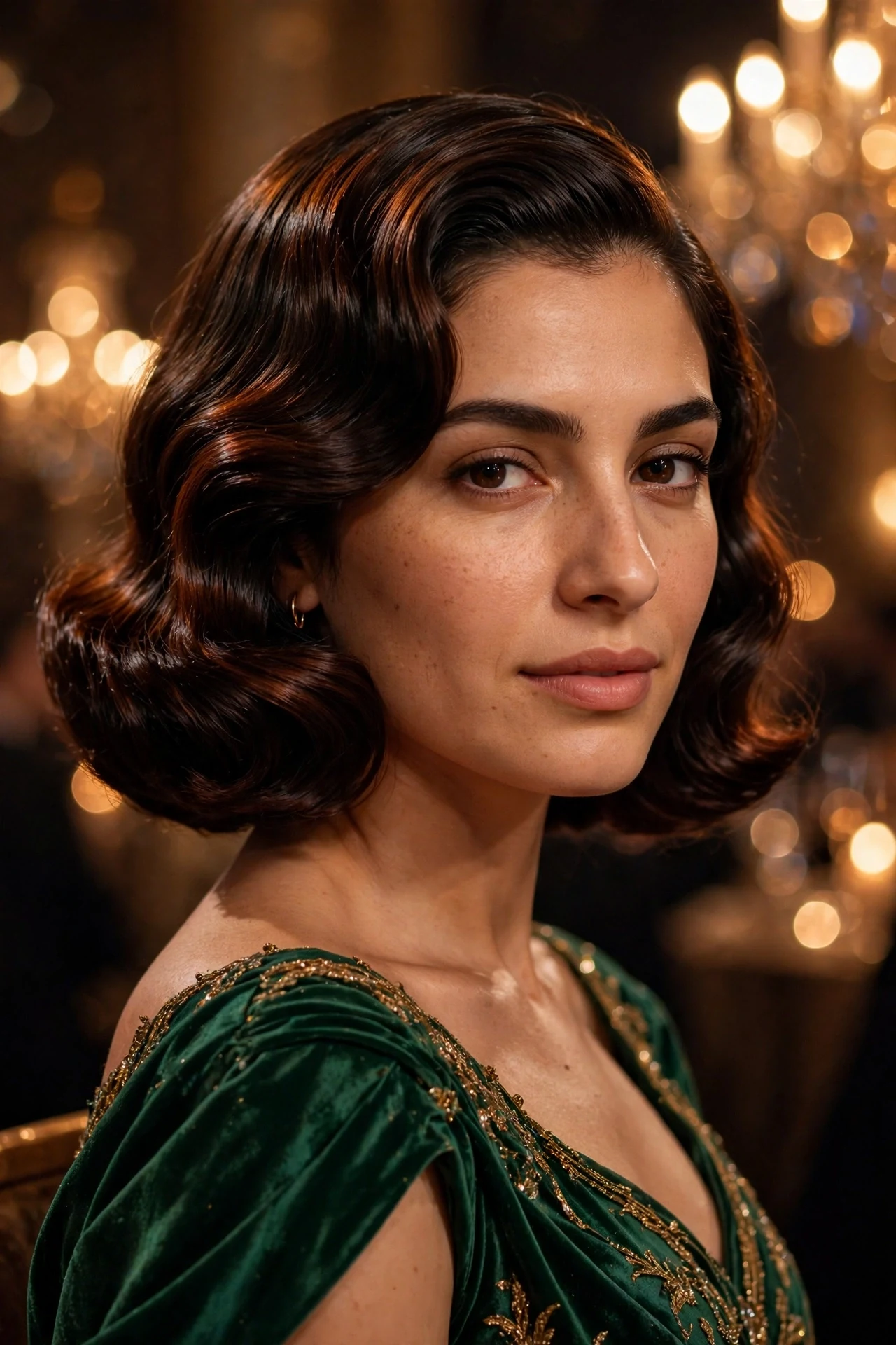 Deep side-parted bob in glossy Old Hollywood waves at a chandelier-lit gala