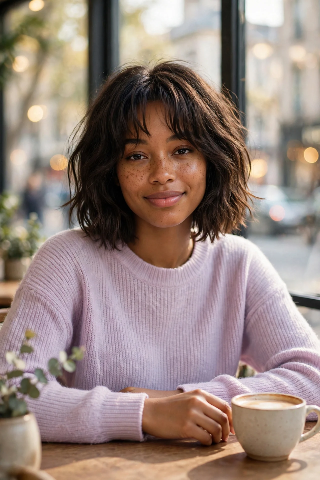 Soft shaggy bob with airy curtain bangs on natural wavy texture, cafe portrait