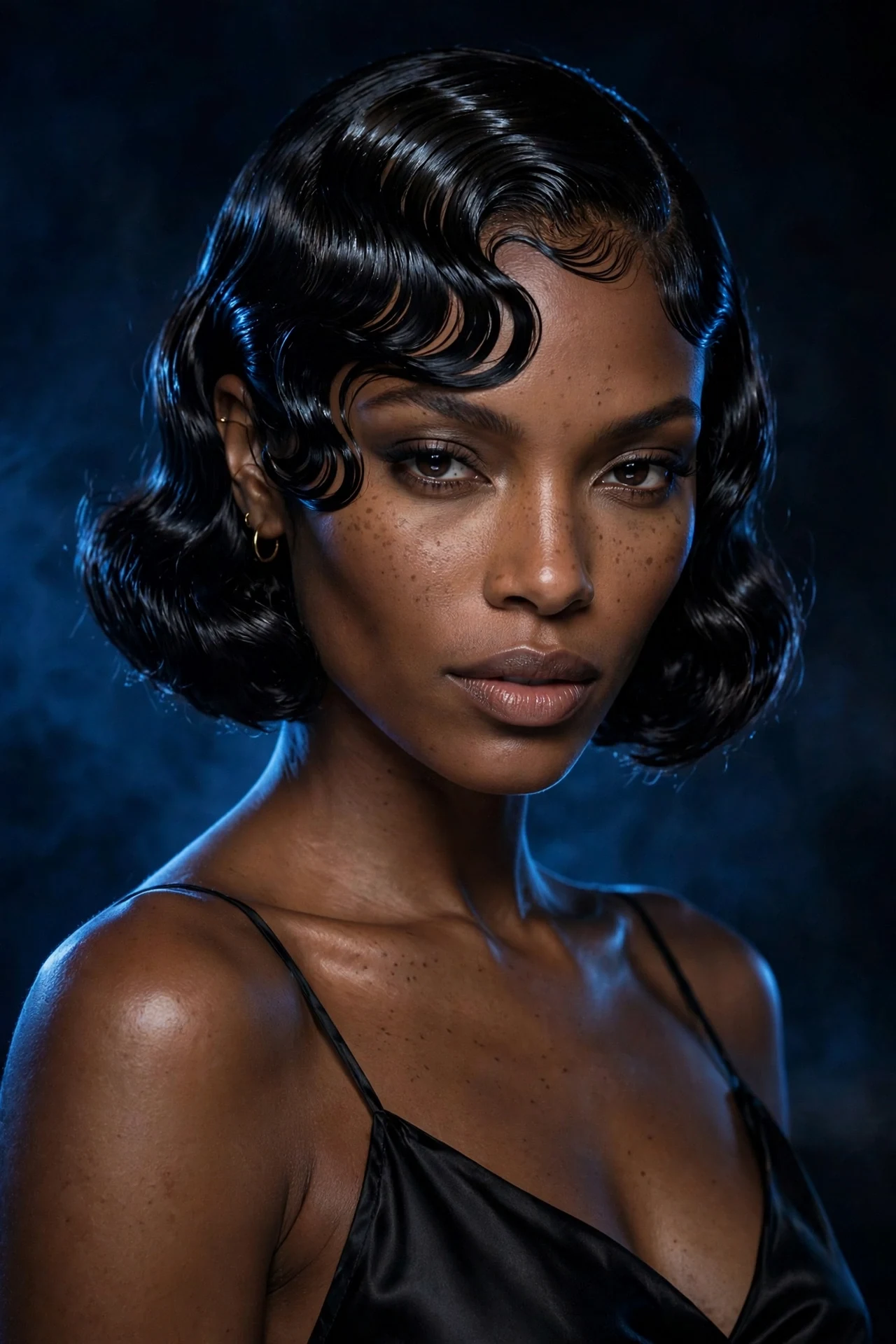 Glossy chin-length bob styled in sleek wet-look finger waves, night studio portrait