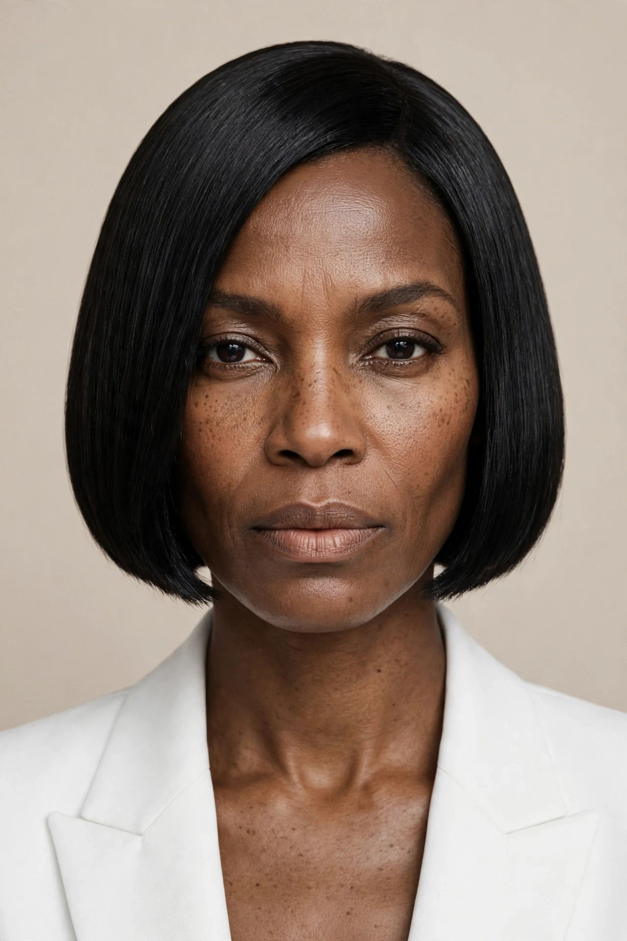 Sharp one-length micro bob at cheekbone level with mirror-gloss black hair