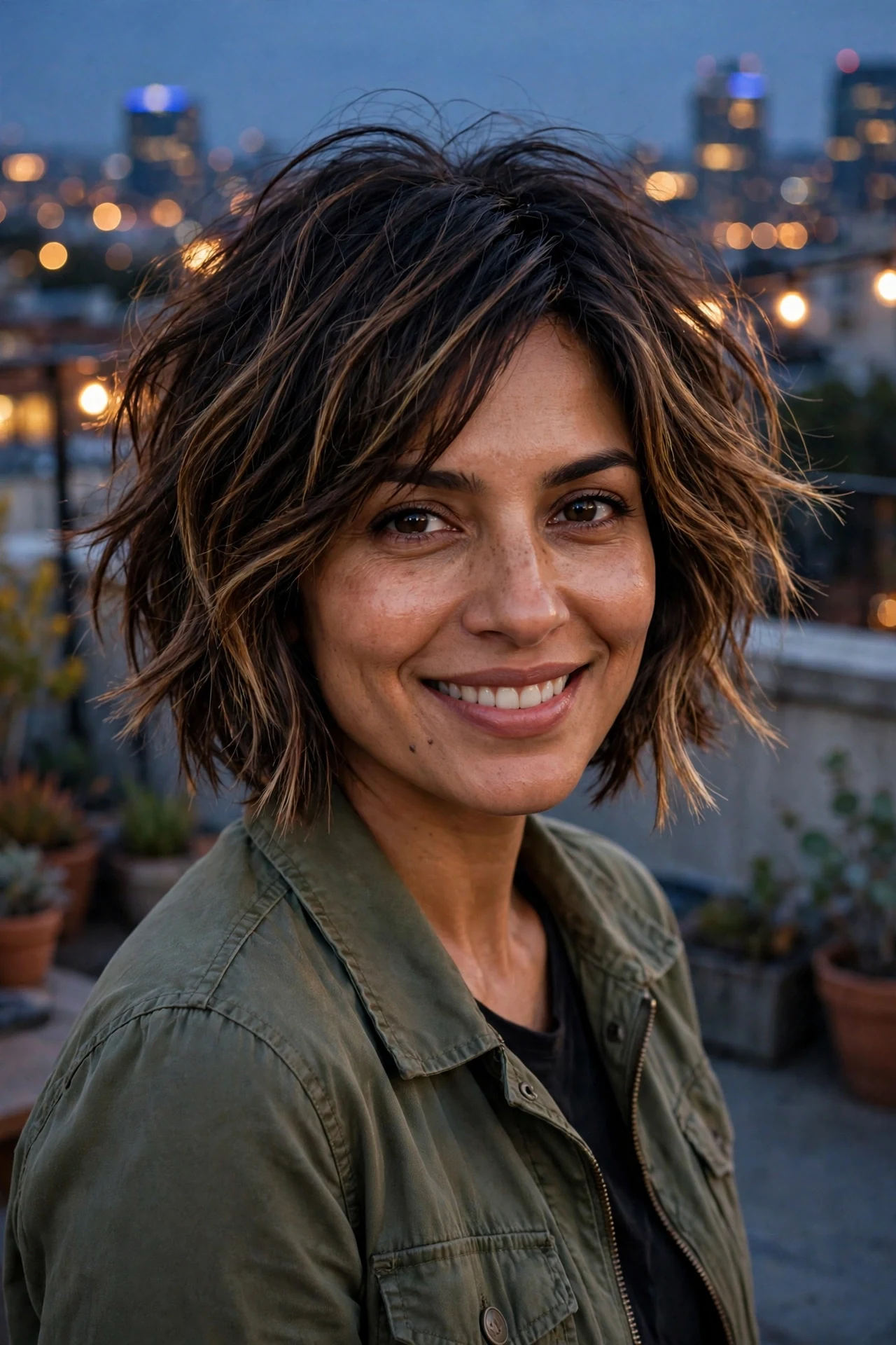 Piece-y choppy-textured bob with feathered ends and caramel balayage at dusk