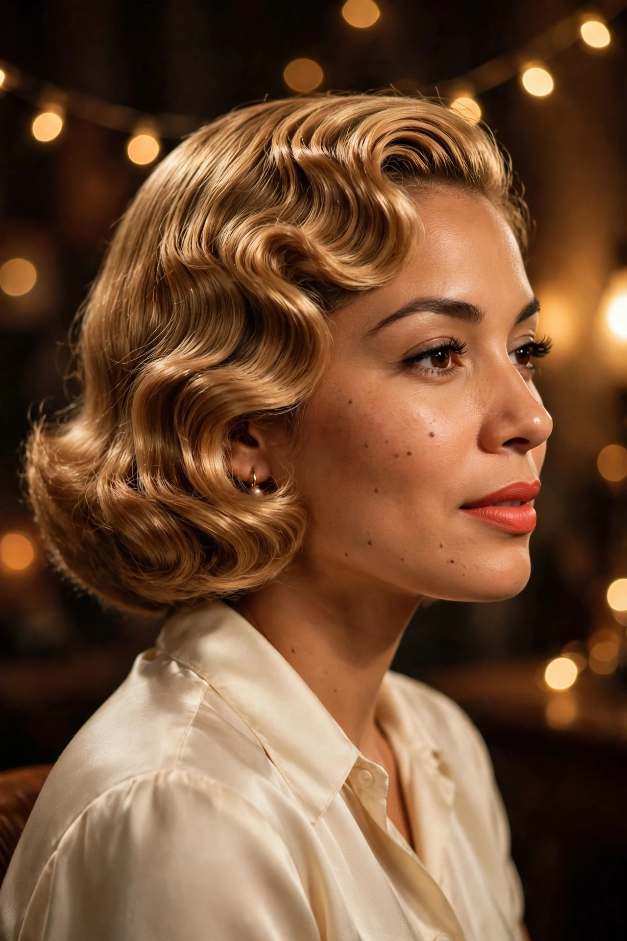 Chin-length bob with polished retro S-waves and warm golden blonde color, side view
