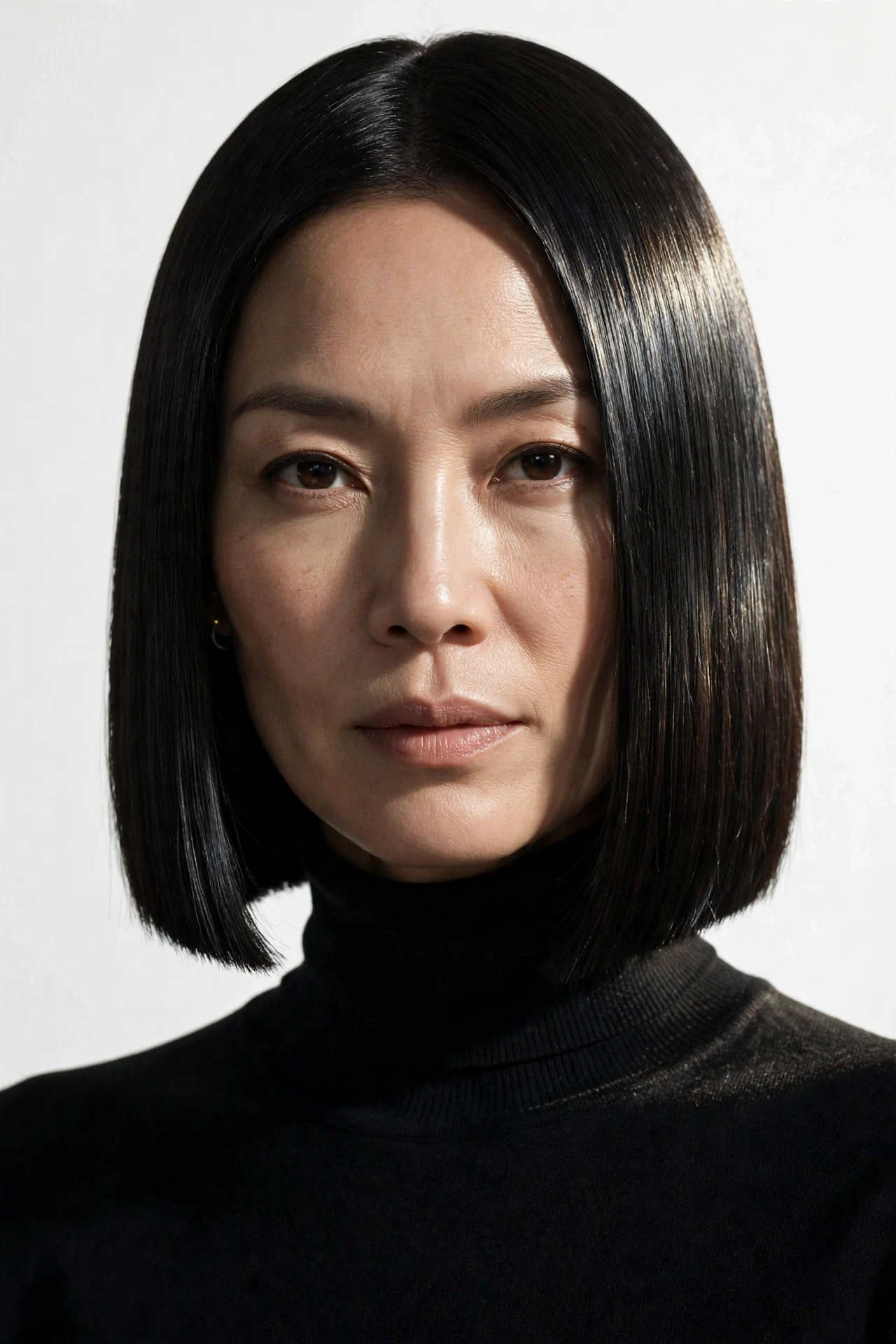 Ultra-sleek jaw-length blunt bob with razor-sharp edge and glass shine