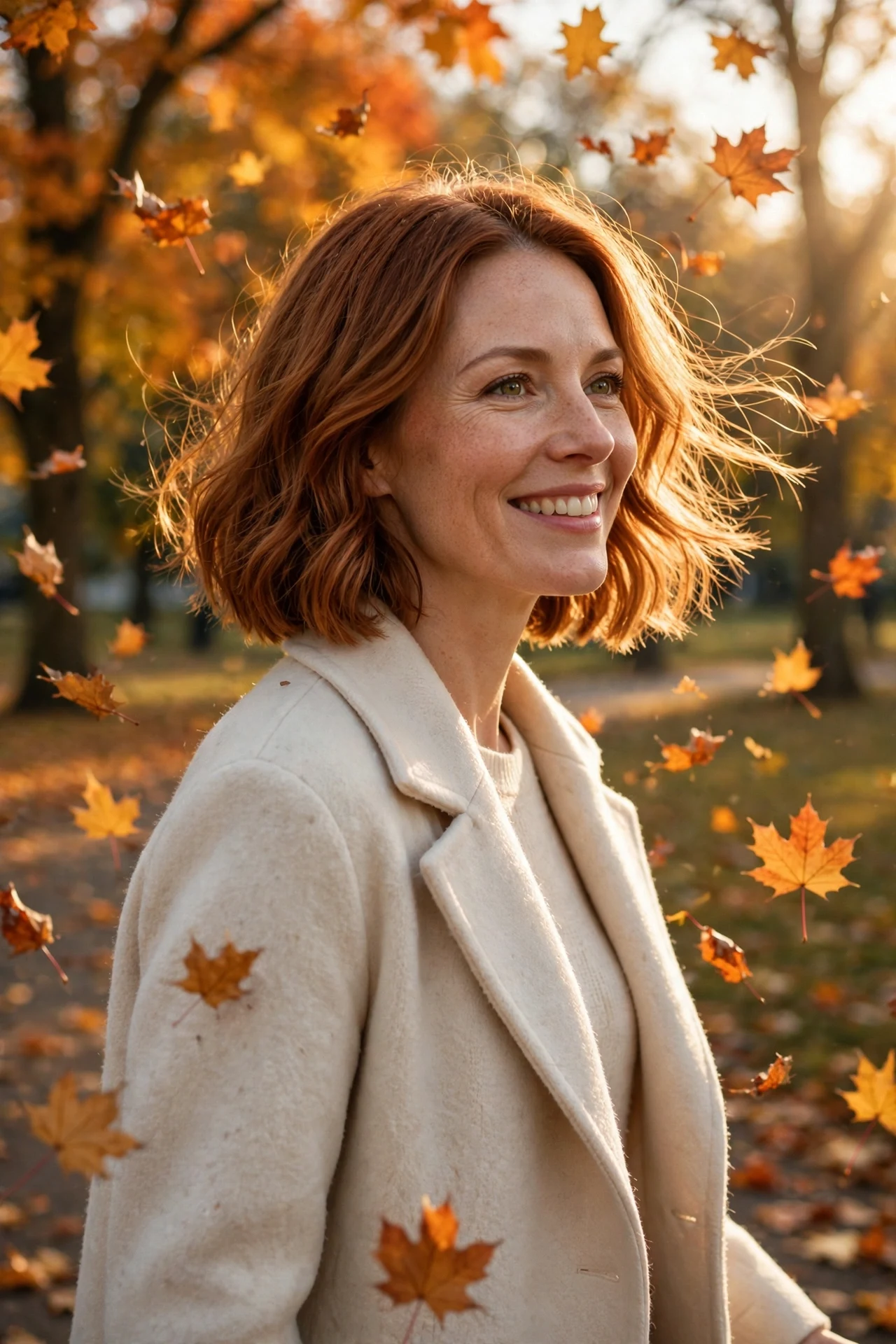 Chin-length bob of soft copper waves glowing among falling autumn leaves