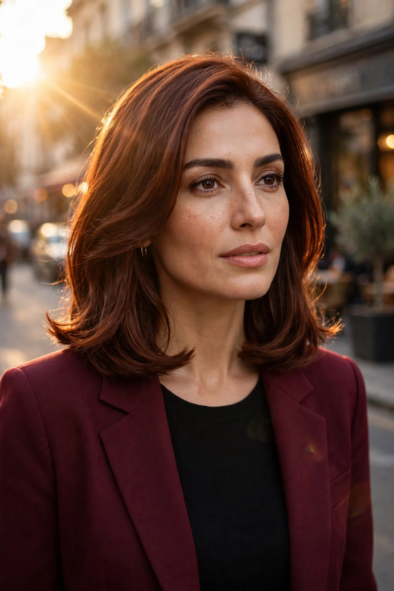 Polished collarbone-length lob with glossy turned-under ends, golden hour street portrait