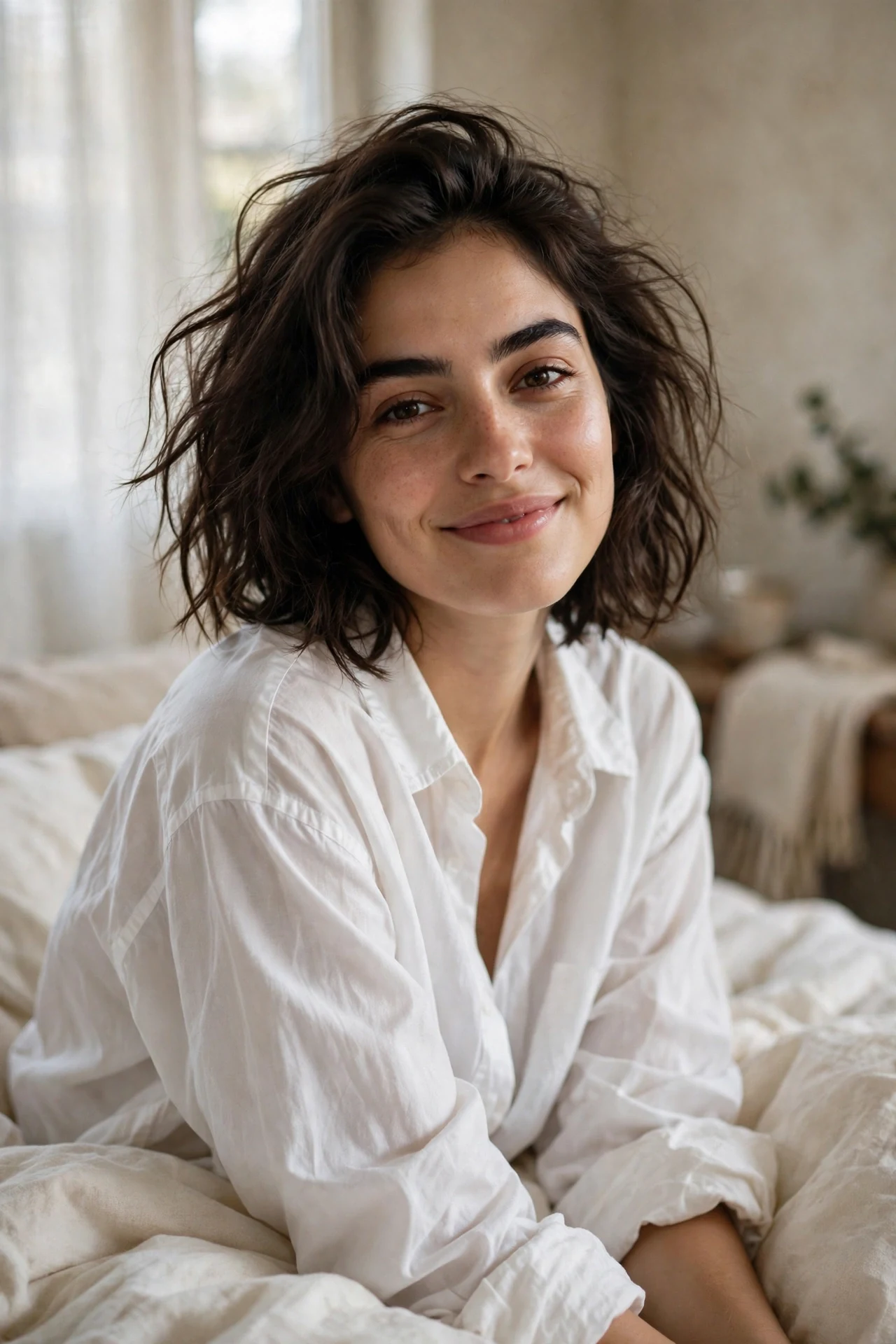 Tousled bedhead bob of messy undone waves in soft morning window light