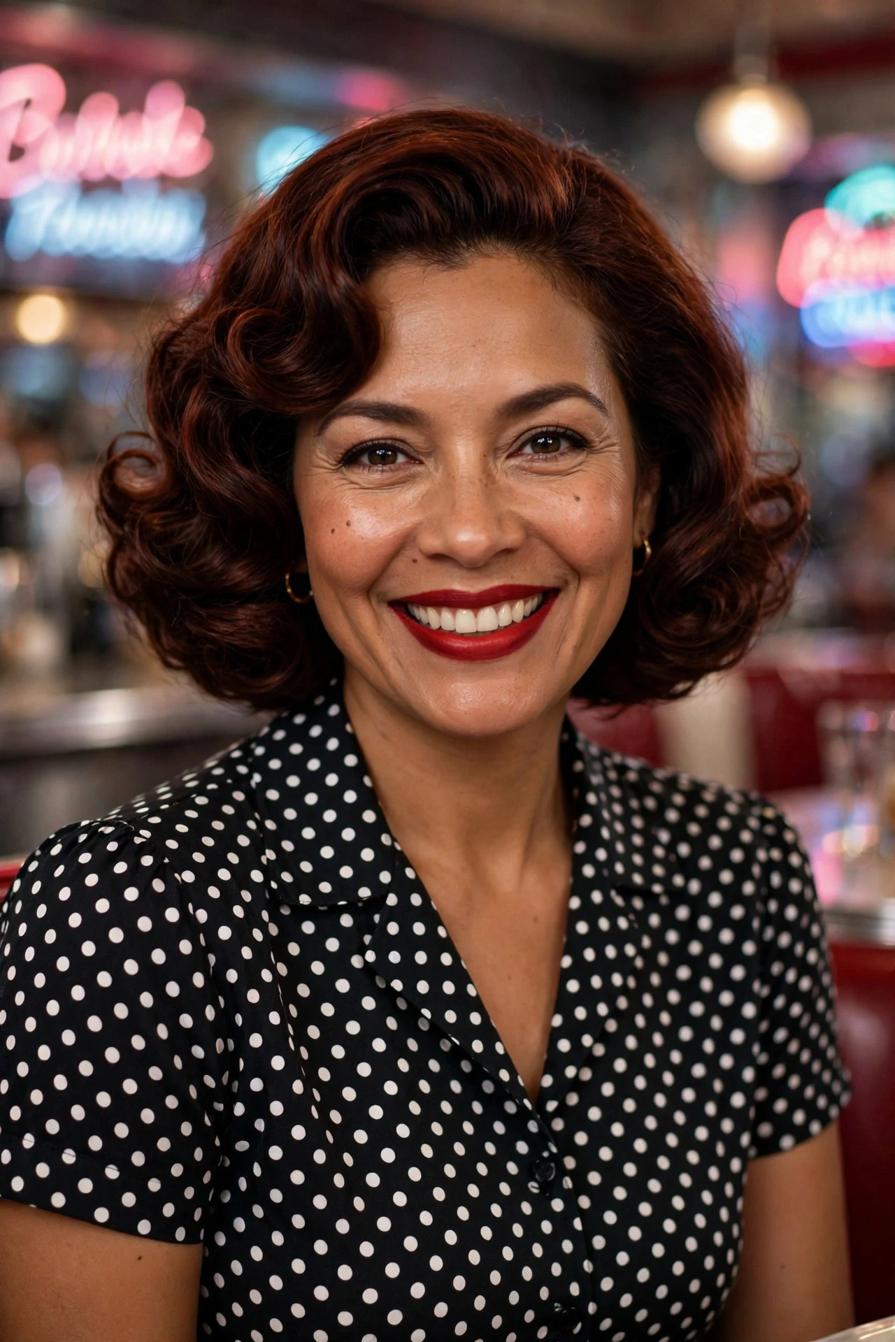Chin-length bob of large vintage barrel curls with classic red lips in a retro diner