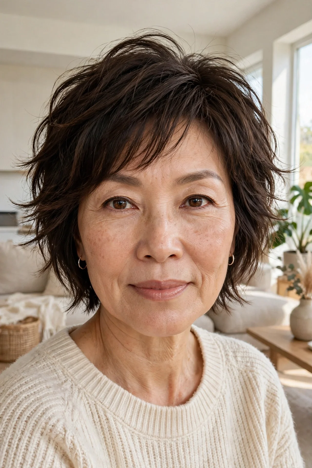 Woman in her 50s with a textured bixie for fine dark hair