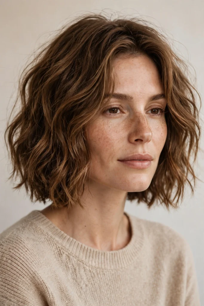 Textured bob haircut with tousled waves on brown chin-length hair