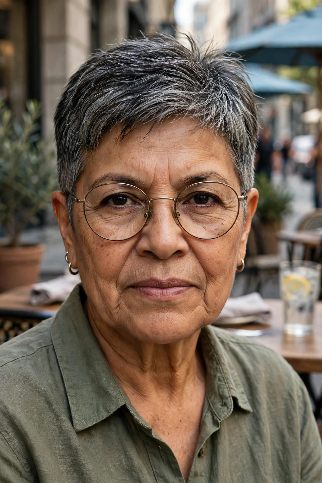 Woman in her 60s with round glasses and a textured salt-and-pepper bixie