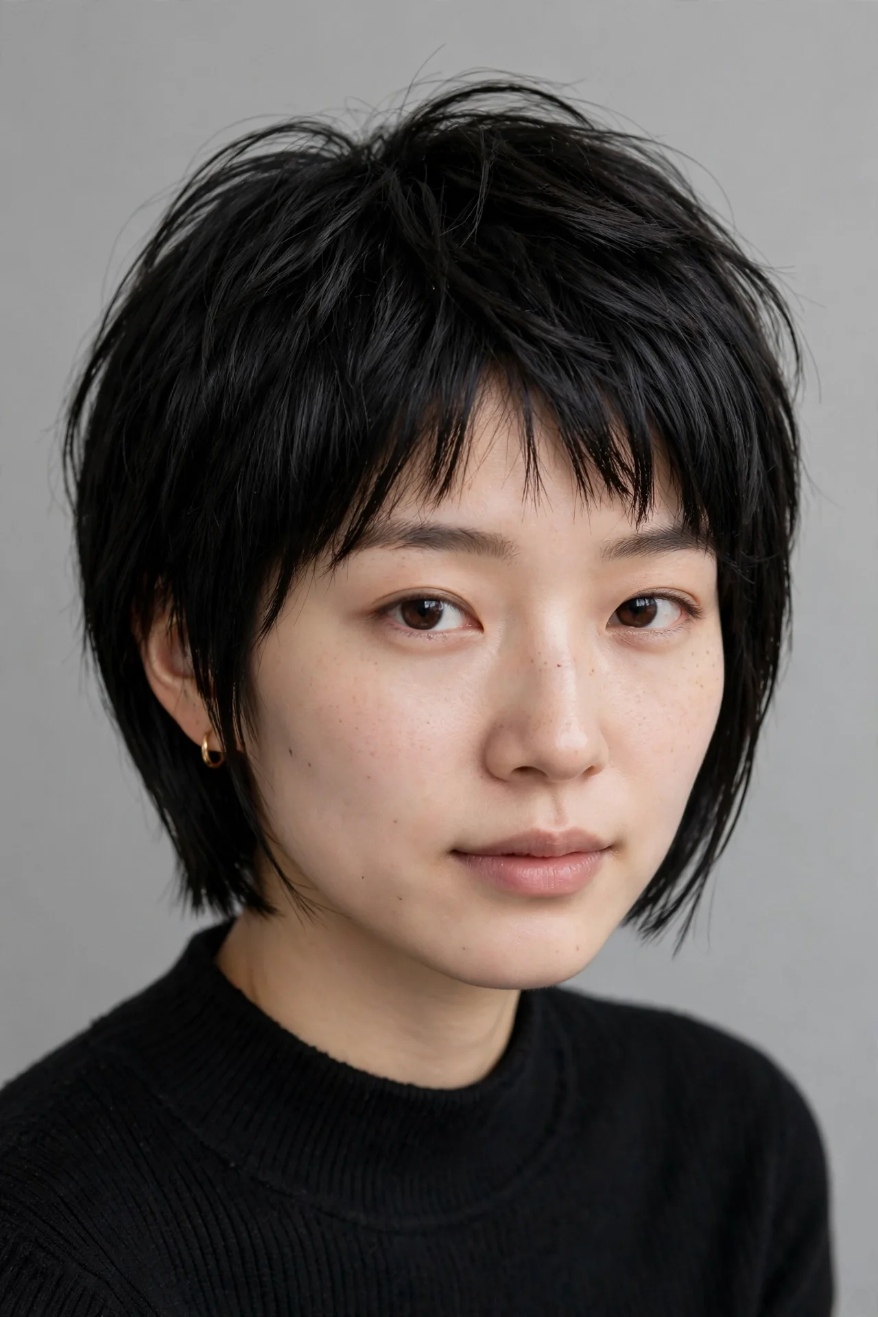Young East Asian woman with fine straight black hair in a textured crown bixie