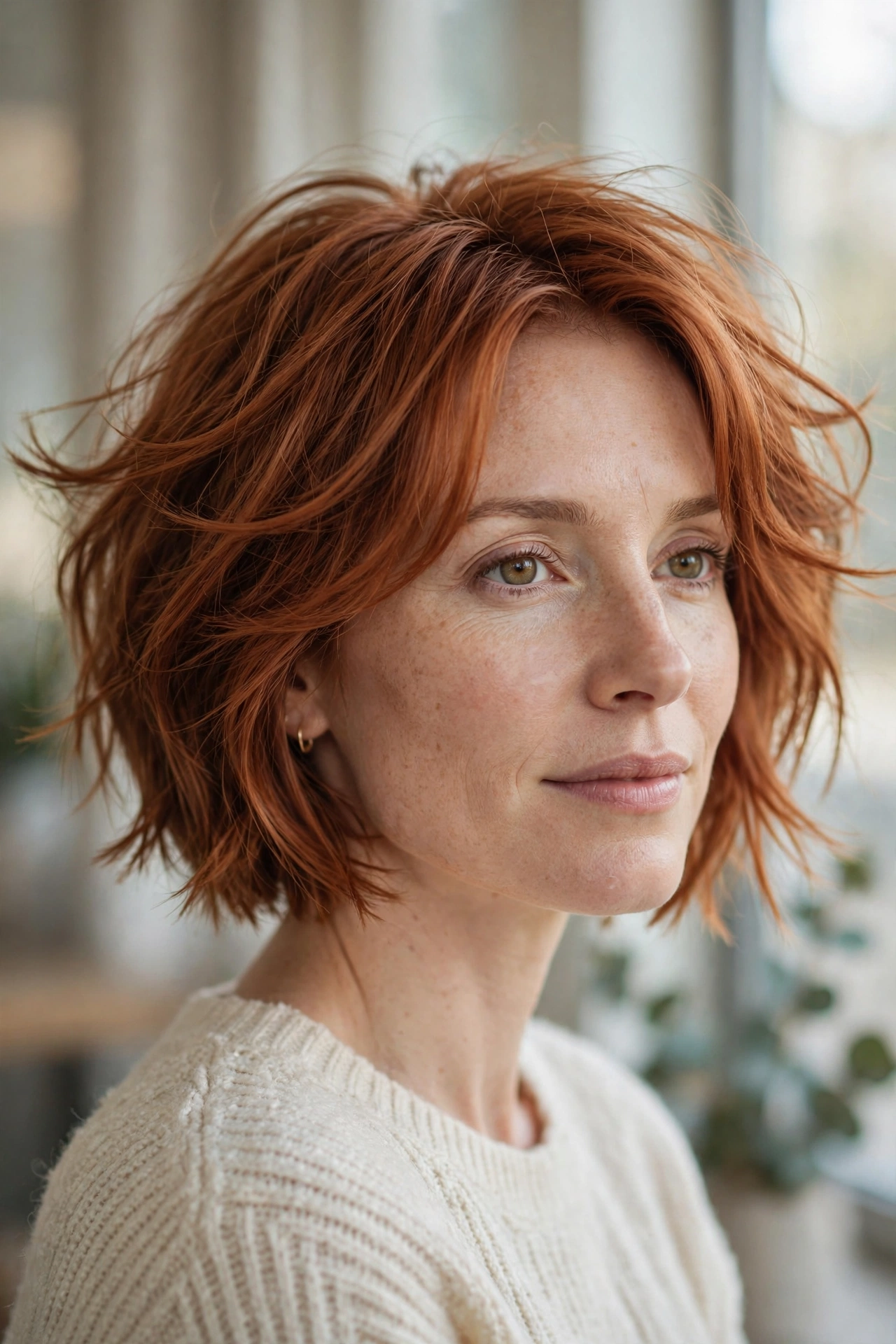 Textured graduated bob with point-cut ends on fine hair, airy feathered texture