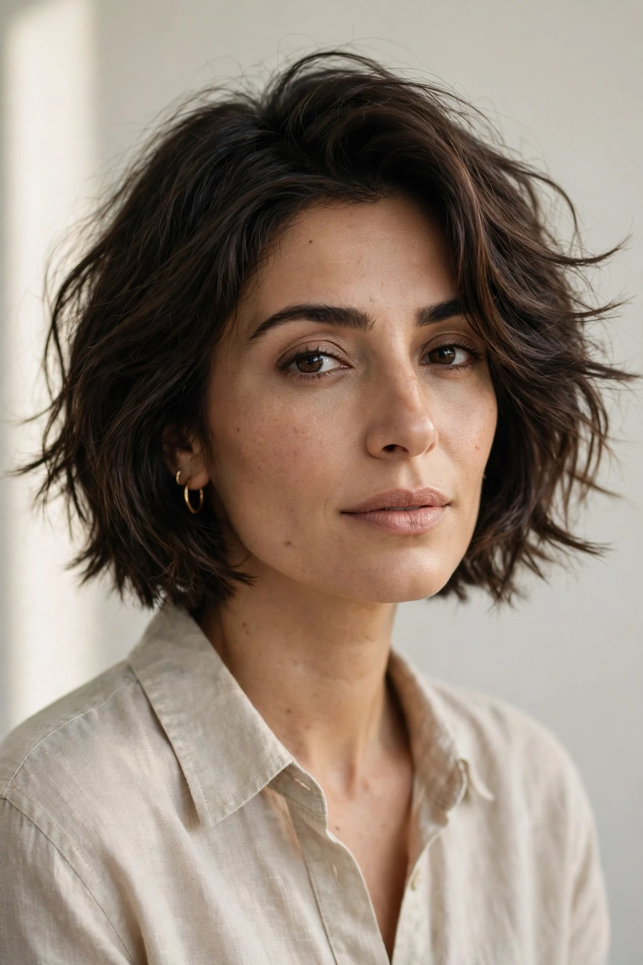 Textured Italian cut with piece-y ends on a Middle Eastern woman in her 30s