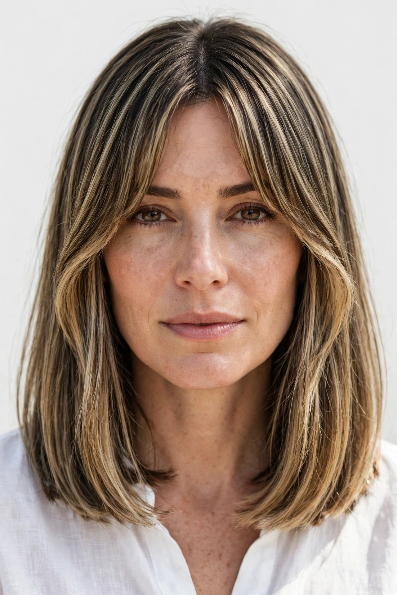 Curtain bangs thin lob with soft face framing bangs and a blunt outline