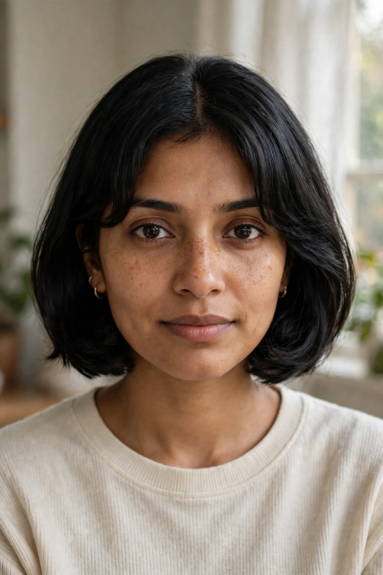 french bob for thick hair with soft curtain bangs parted at the center