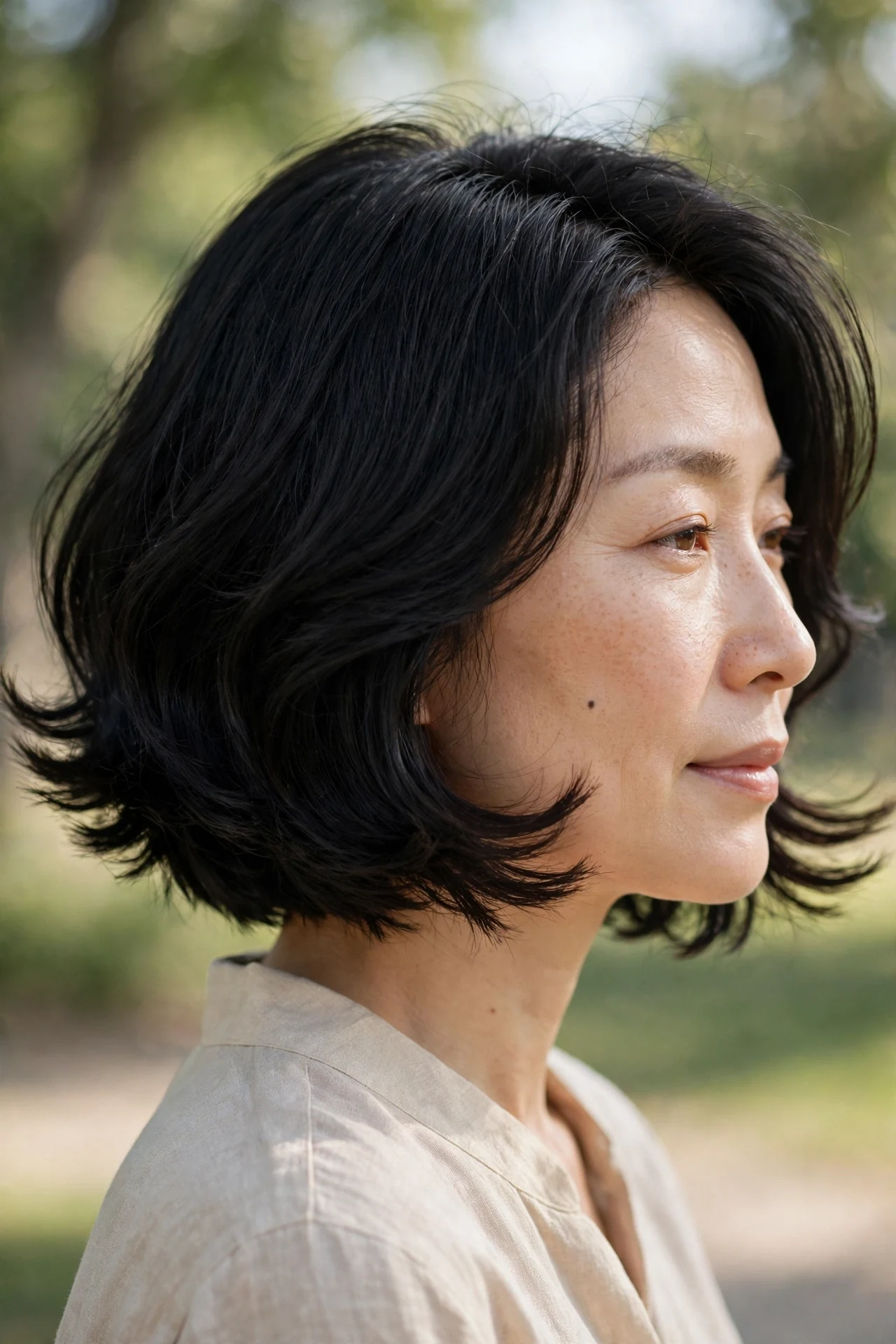 french bob with feathered ends for thick hair, soft flicked perimeter