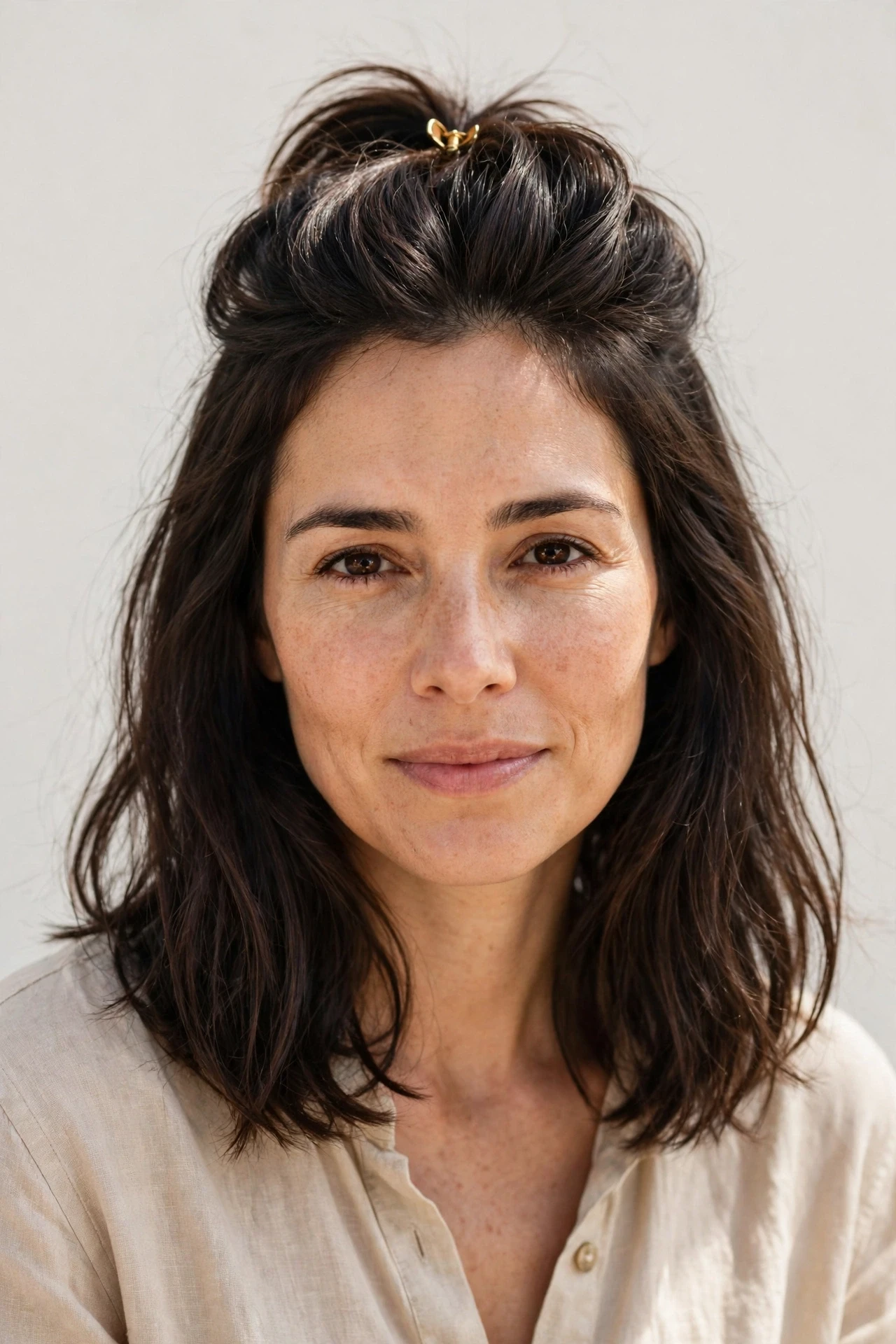 Half up crown volume lob with pinned height for thinning crowns