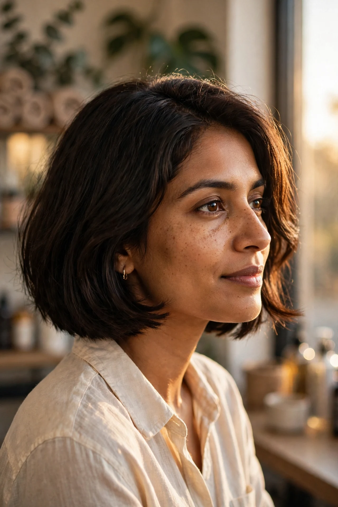 french bob for thick hair on a woman with thick dark hair, chin-length Parisian bob with soft texture