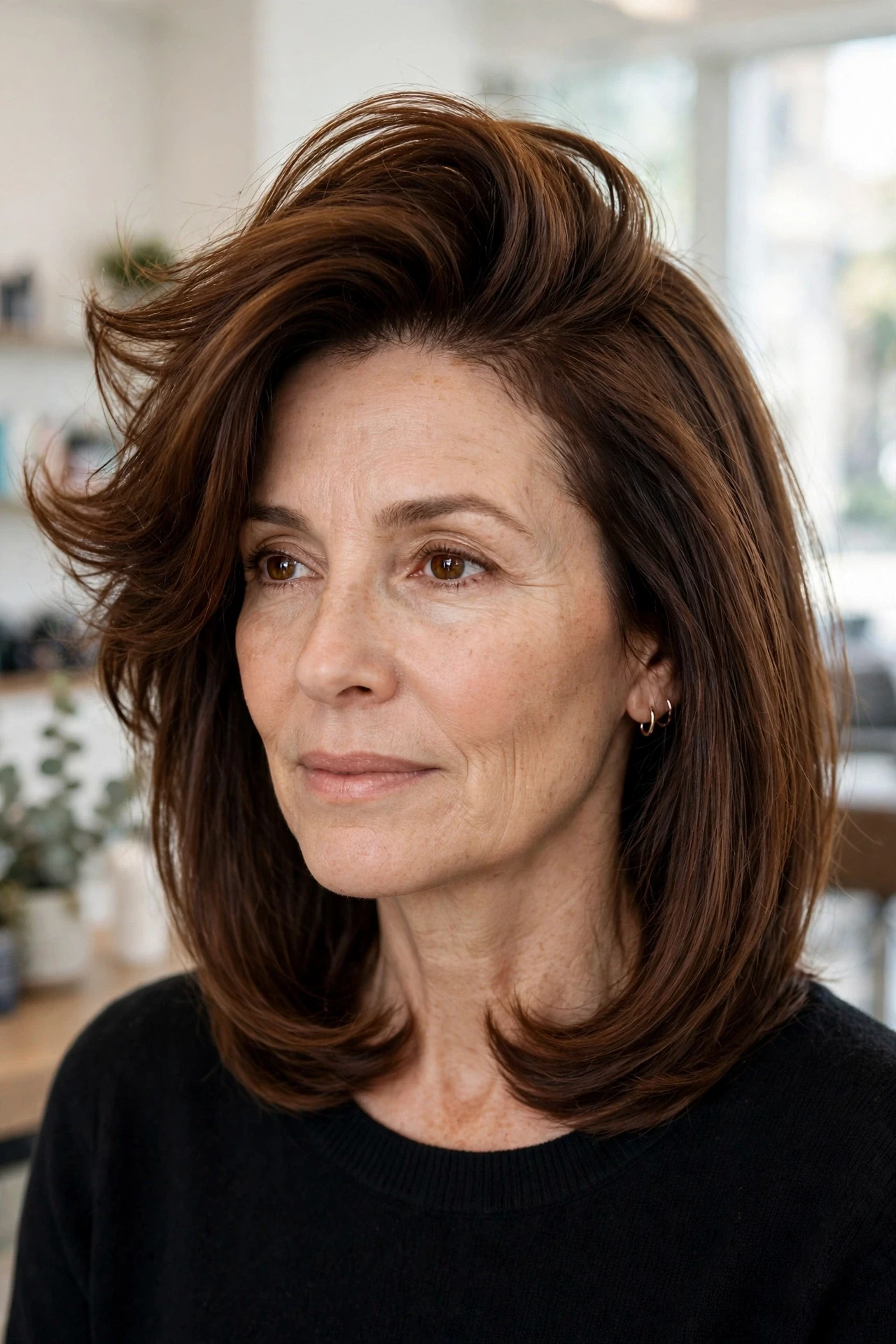 Side swept volume lob with a deep side part and lifted roots