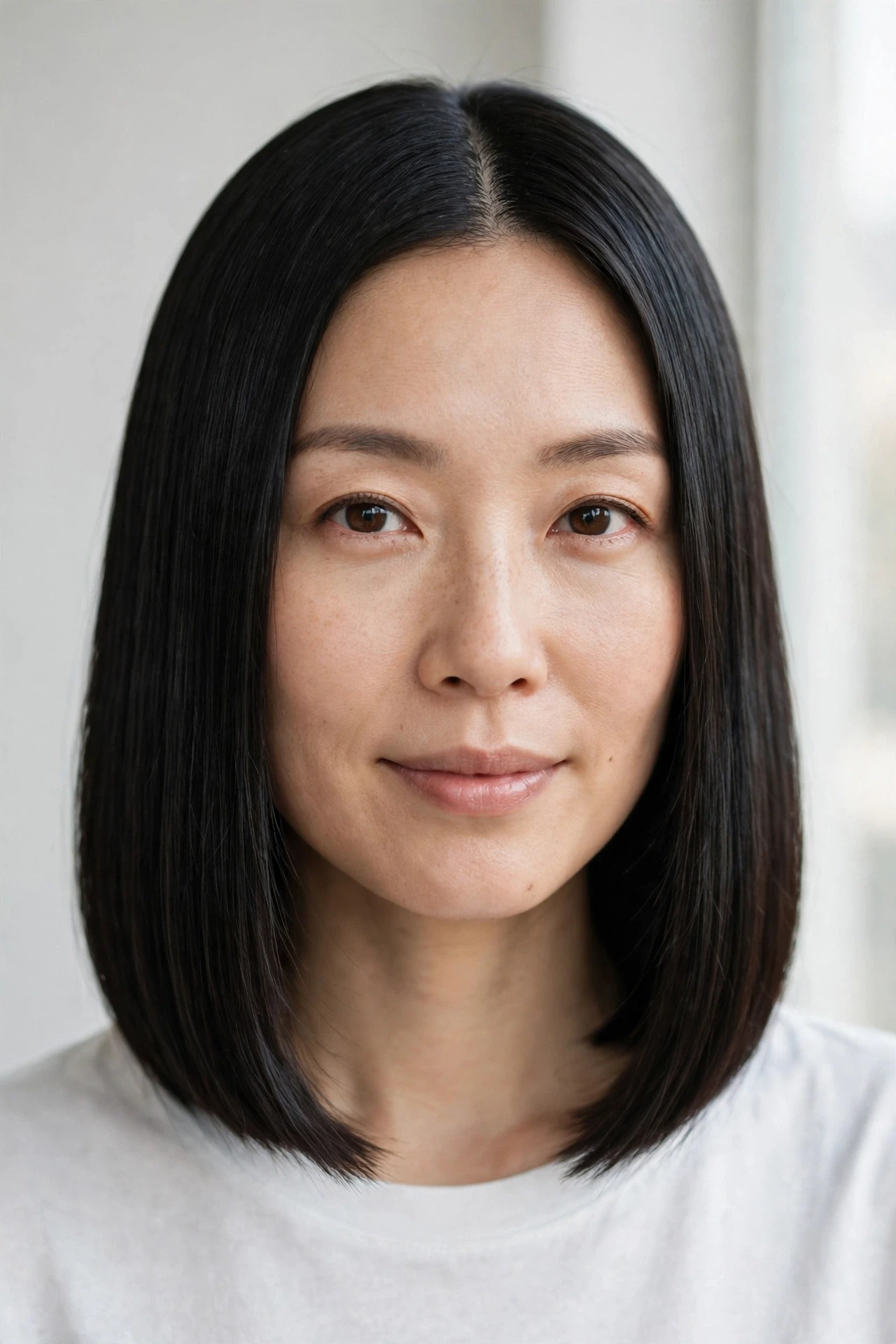 Sleek polished lob with a sharp blunt hemline for thin hair