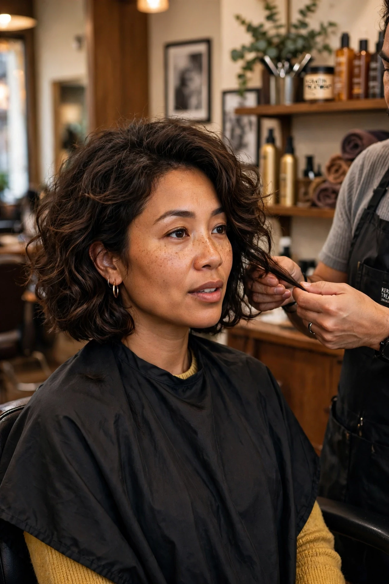 stylist consultation for french bob for thick hair with client discussing the cut