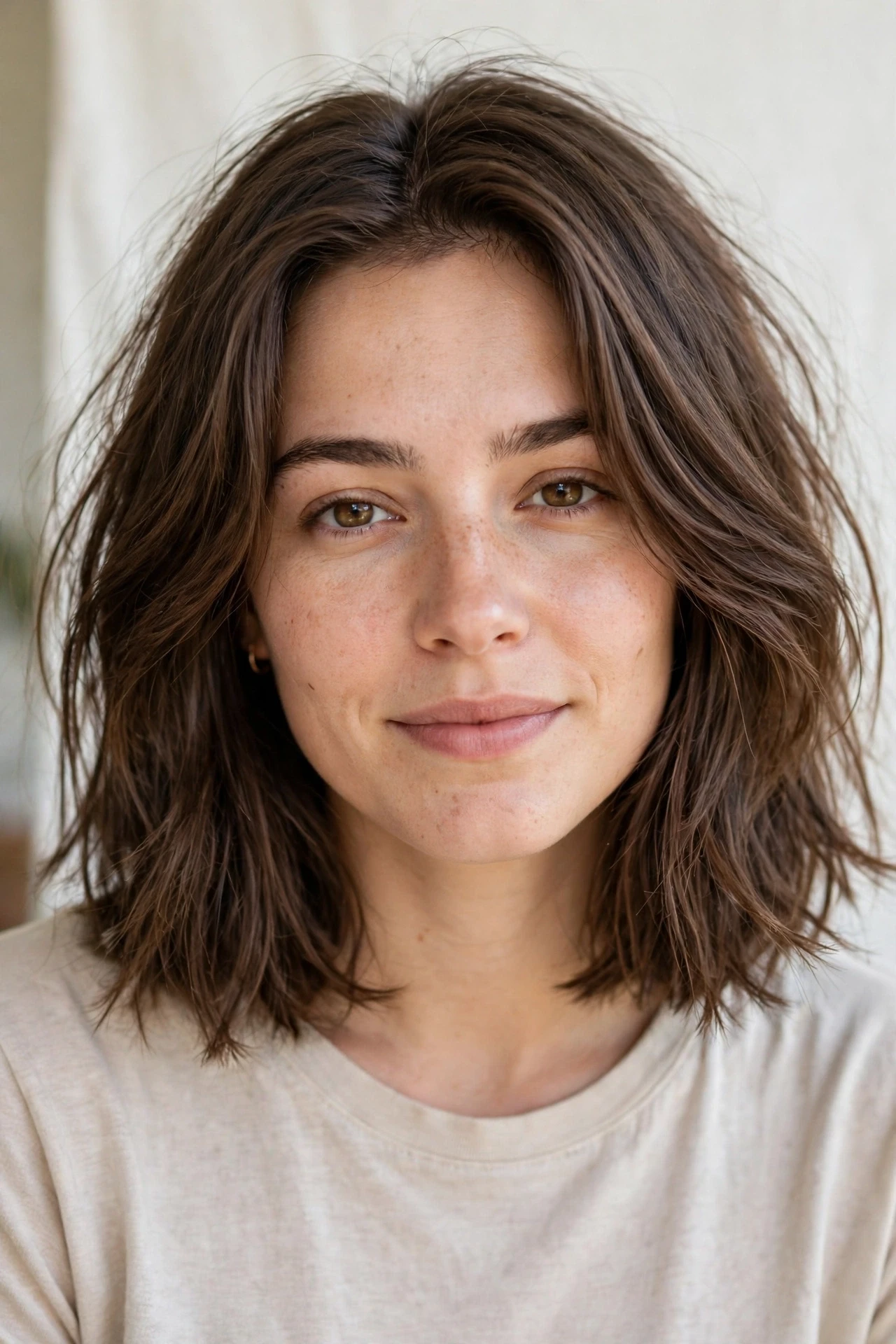Textured density lob with piecey ends over a blunt base for thin hair
